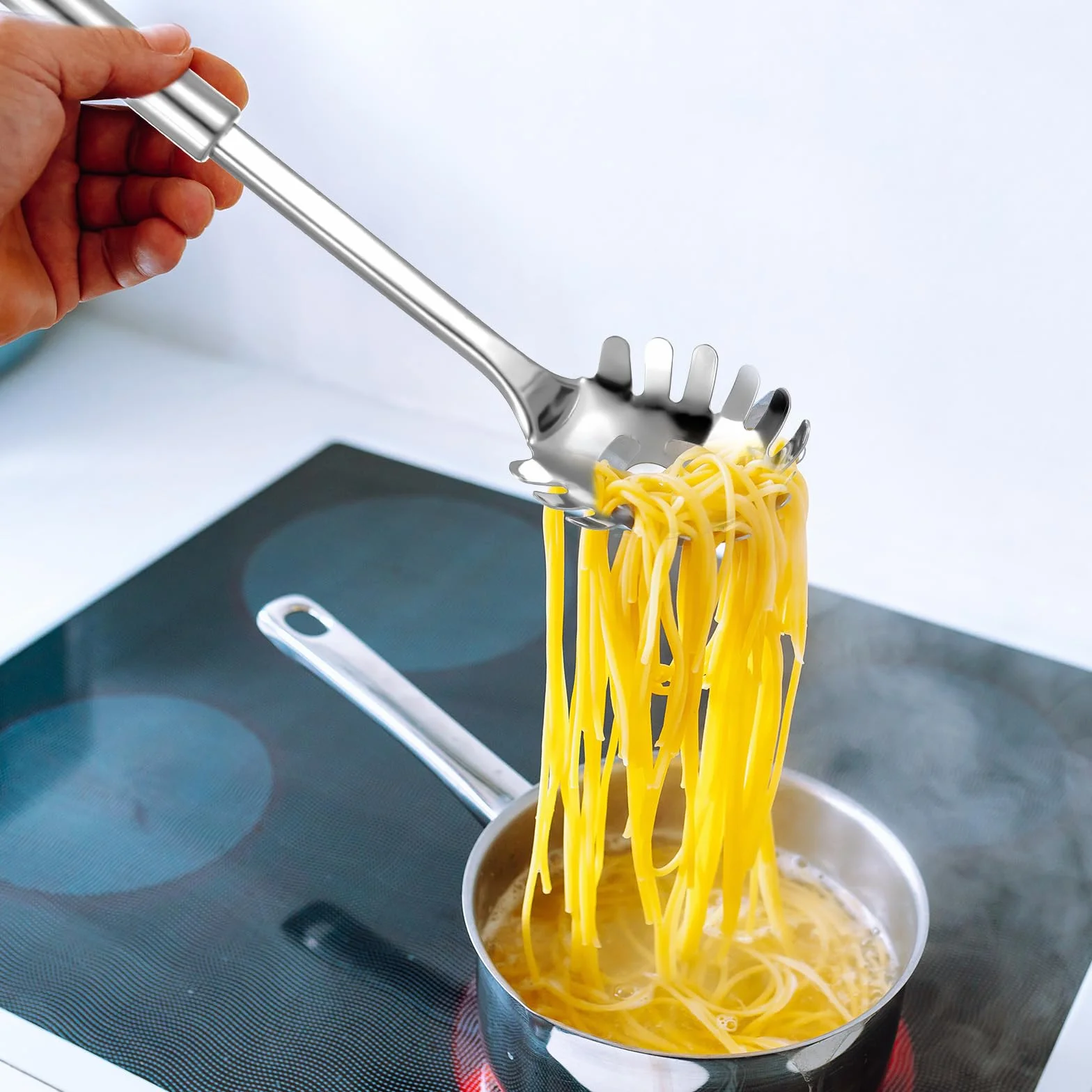 JIEYAO Łyżka do spaghetti, profesjonalna łyżka do makaronu ze stali nierdzewnej, z ergonomicznym uchwytem, szczypce do makaronu, 30 cm, możliwość zawieszenia, idealna do spaghetti linguini i makaronu