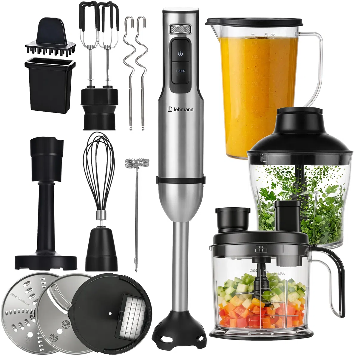 LEHMANN Blender ręczny zestaw 2000 W, wielofunkcyjny blender immersyjny 10 w 1, 12 stopni i funkcja turbo, 12 akcesoriów, system zapobiegający zarysowaniom, kubek 800 ml, rozdrabniacz 600 ml i
