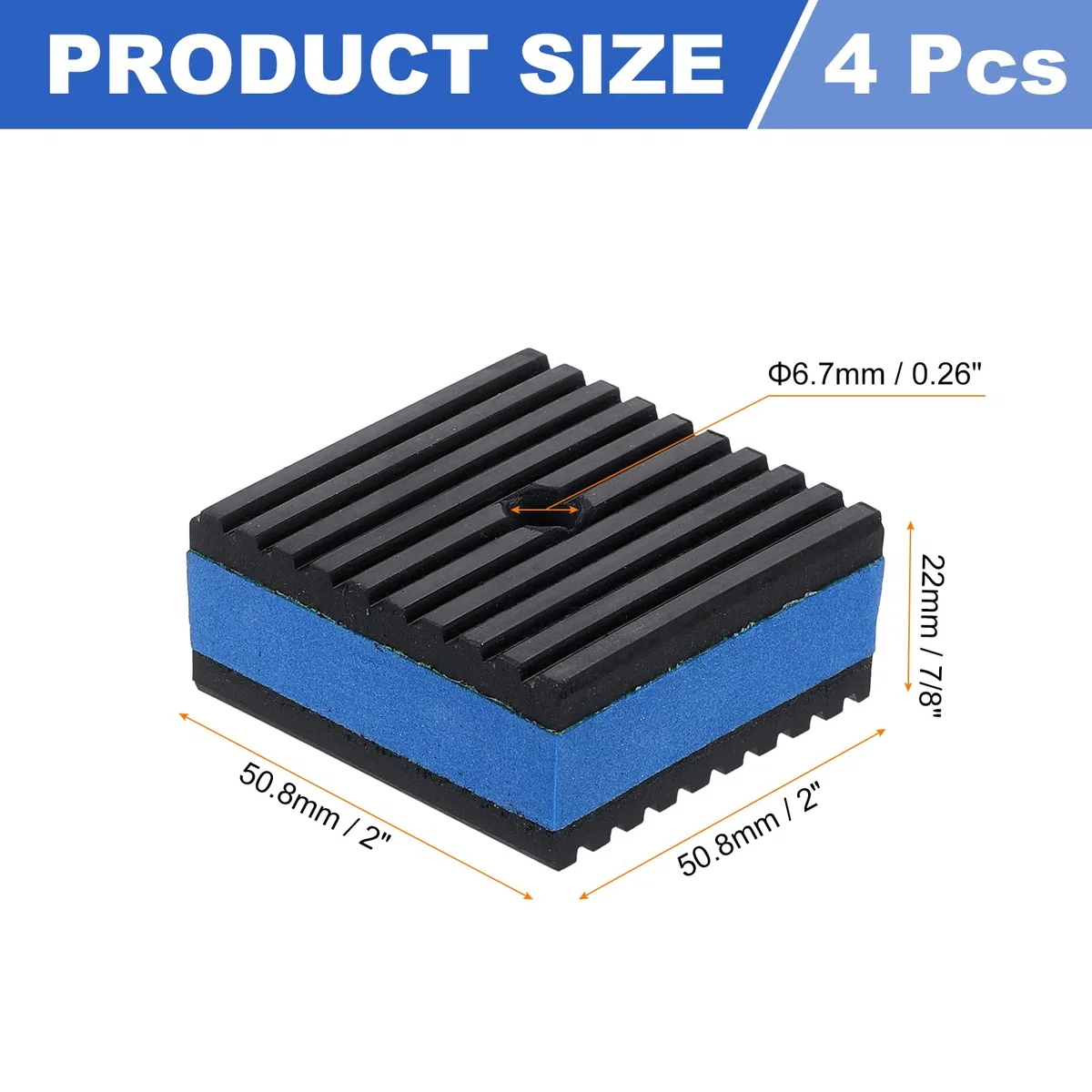 QUARKZMAN 4 podkładki antywibracyjne do pralki, 2" x 2" x 7/8", tłumiące wibracje, tłumiące dźwięki, żebrowane maty gumowe ze środkiem EVA z nawierconym otworem, czarne/niebieskie