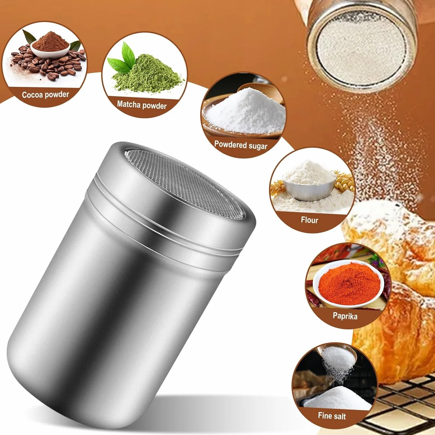 Shaker proszków ze stali nierdzewnej Siatkowy shaker czekolady Sitko mąki kawy Słoiki przyprawy Pojemnik przyprawy Kuchenne narzędzia kuchenne ze zdejmowaną pyłoszczelną pokrywką pieczenia Gotowanie M