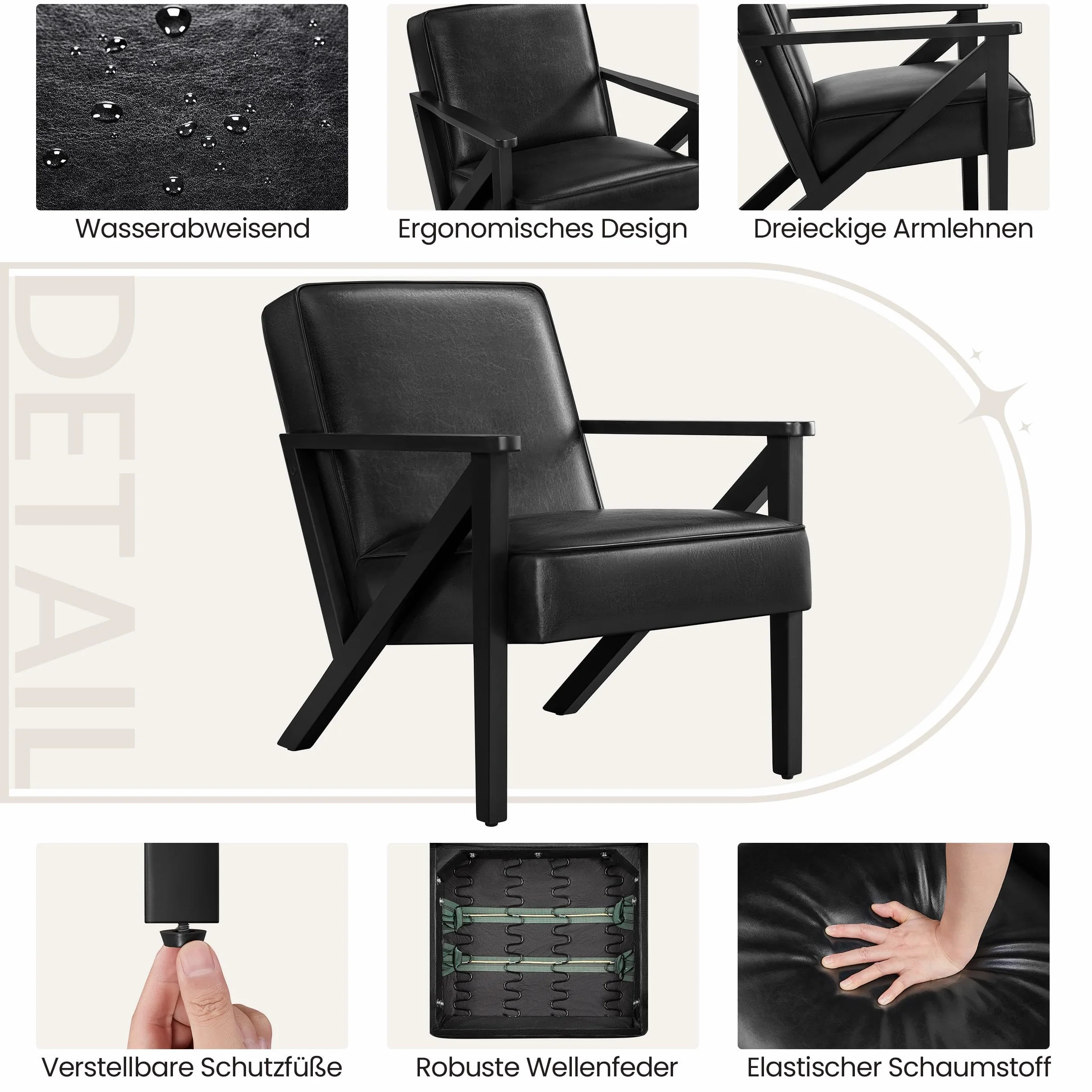 Yaheetech Fotel telewizyjny do wypoczynku, ze sztucznej skóry, fotel wypoczynkowy, tapicerowany, pojedyncza sofa z nogami z litego drewna, na balkon/do salonu/sypialni, recepcji, kolor czarny