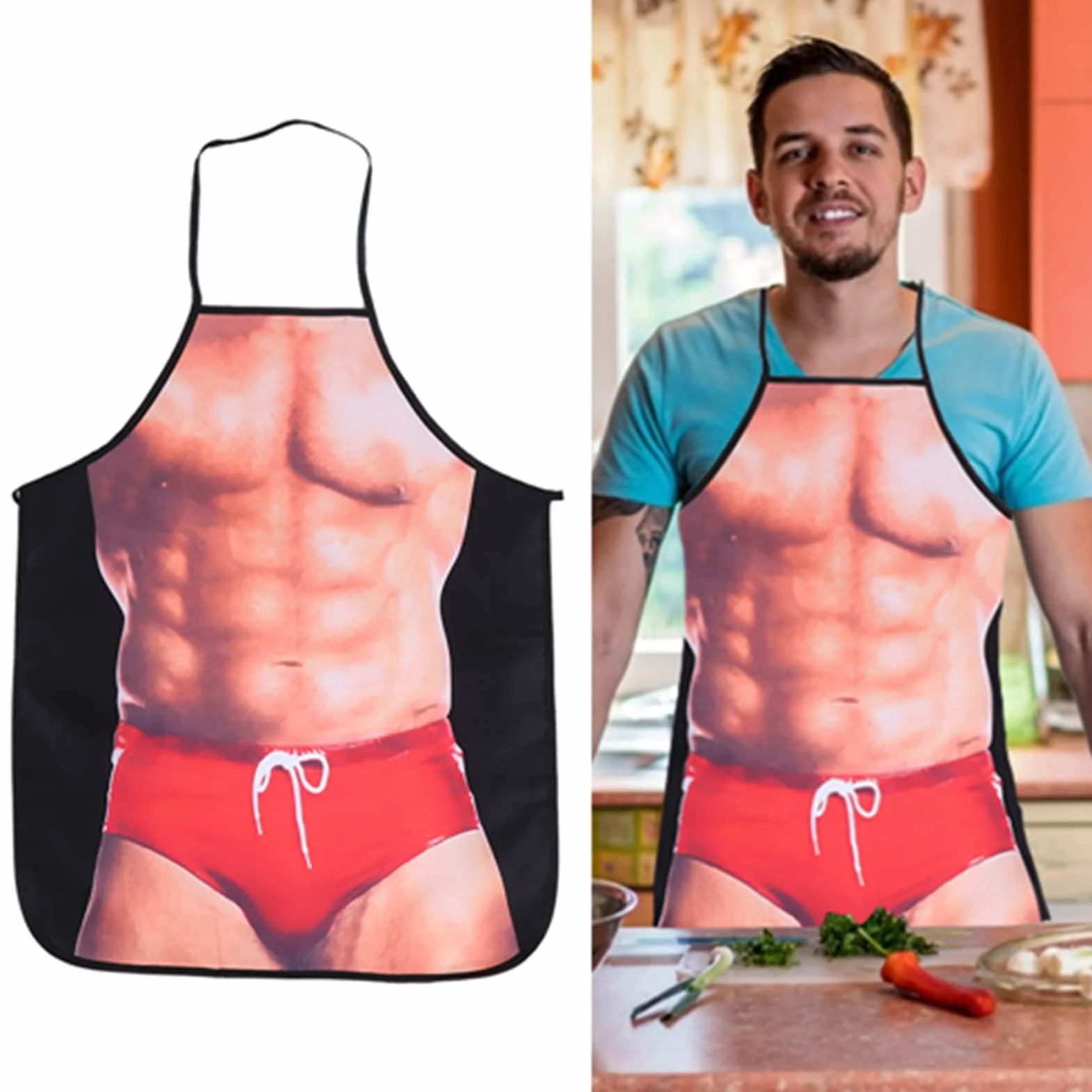 Zabawny fartuch kuchenny 3D humorystyczny wodoodporny z motywem muskularnego mężczyzny w bikini dla dorosłych do gotowania grillowania