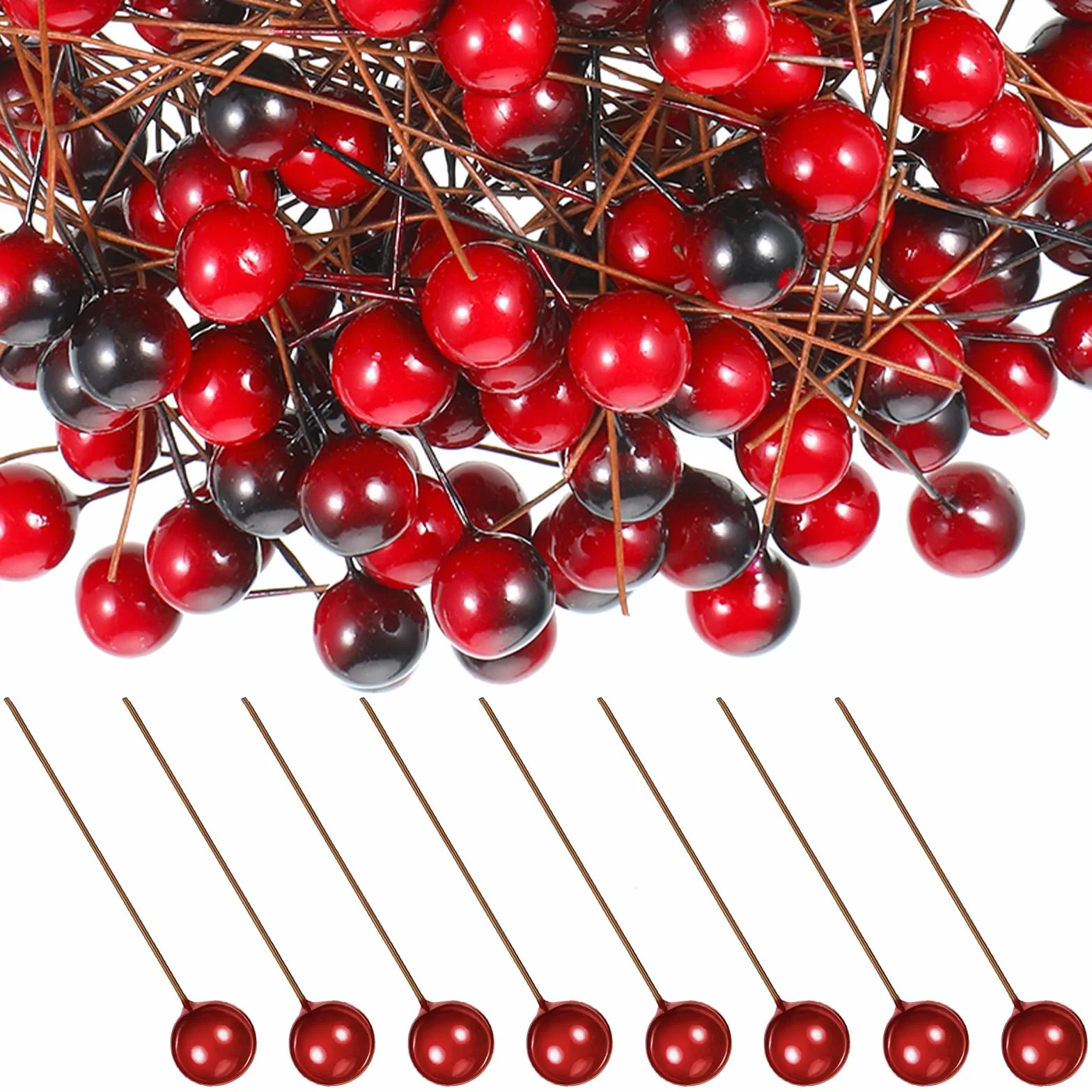 200 sztuk sztucznych jagód ostrokrzewu, 10 mm, mini czerwone jagody, sztuczne czerwone jagody do majsterkowania, z drucianymi łodygami, jagody bożonarodzeniowe do wieńca bożonarodzeniowego, dekoracji