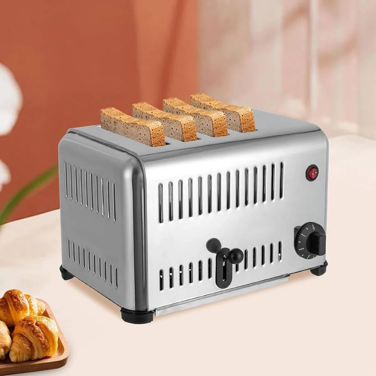 Toster komercyjny, 4 kromki, stal nierdzewna, wyskakujący elektryczny toster, chłodny toster, toster blatowy, 4 kromki, 5 minut, szybki toster z tacą, restauracja