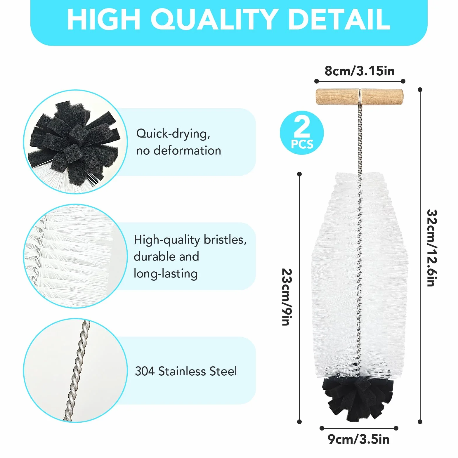 Szczotka do butelek Sodastream, 32 cm, 2 sztuki, z ergonomicznym uchwytem, białym włosiem i czarną gąbką, idealna do szklanych i podwójnych butelek z tworzywa sztucznego – mocne czyszczenie bez