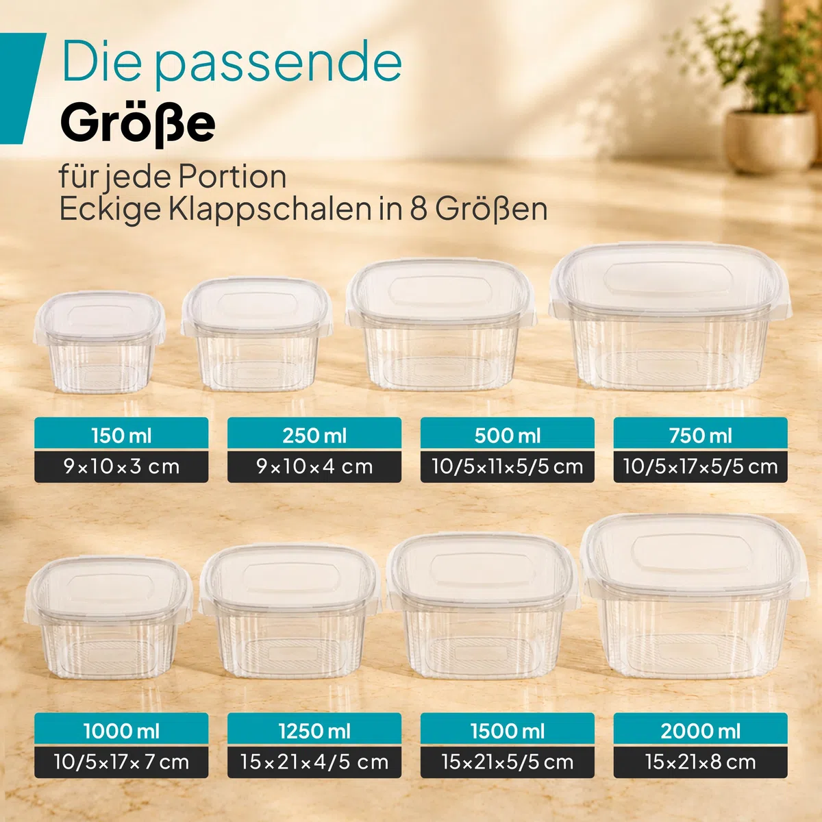 Commerline 500 sztuk, 750 ml, prostokątne miski składane | plastikowe pojemniki wielokrotnego użytku | miski do sałatek z pokrywką | przezroczyste pojemniki na delikatesy i żywność do gastronomii