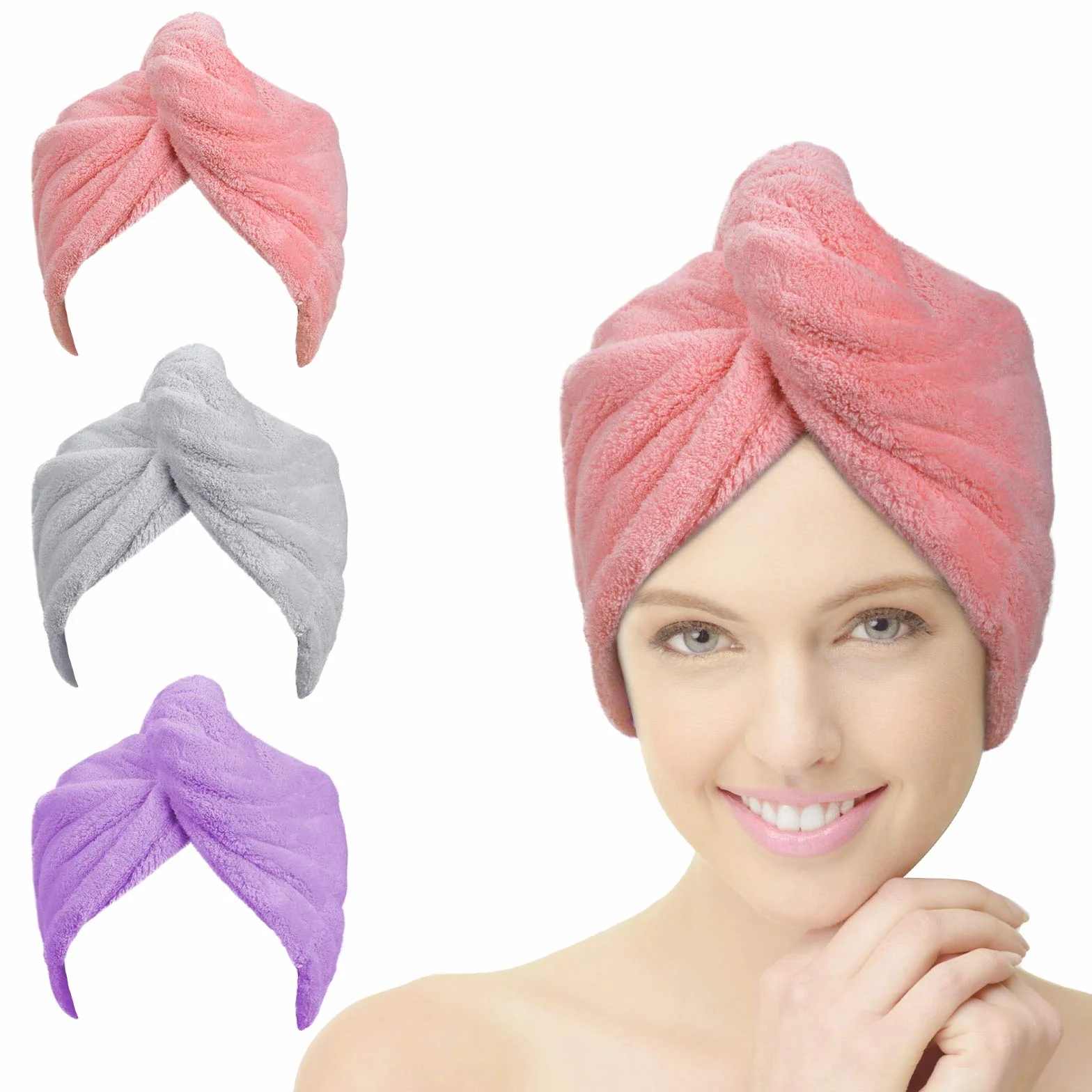 ACWOO Hair Turban, 3 sztuki damski guzikowy ręcznik Turban, chustka do suszenia włosów, szybkoschnący ręcznik z mikrofibry do wszystkich rodzajów włosów Różowy/szary/fioletowy