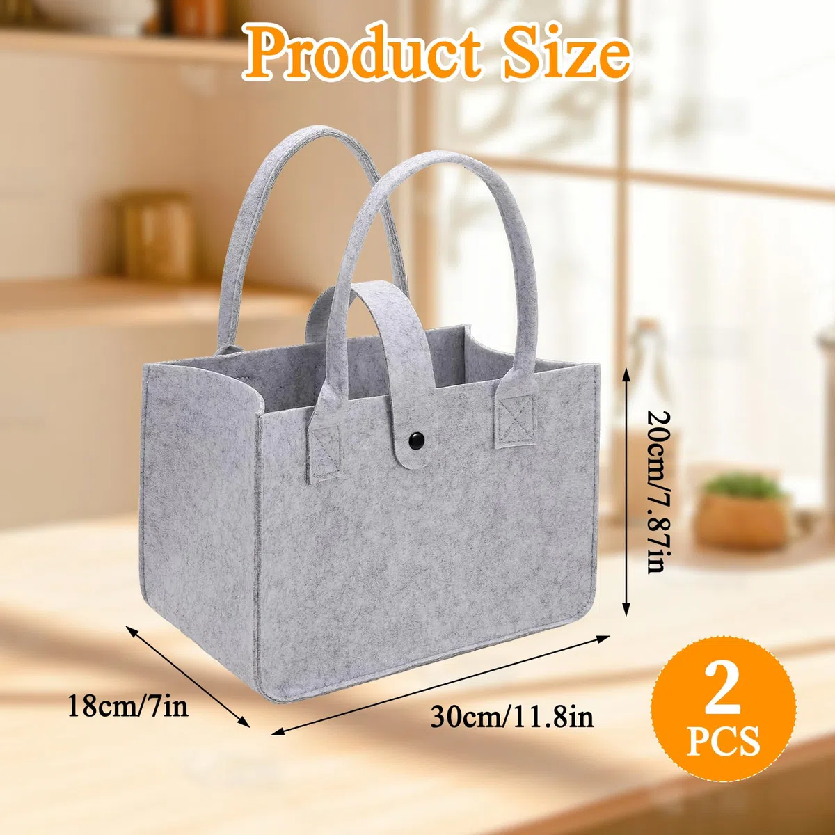 2 sztuki filcowych torebek na zakupy, torba filcowa 30 x 20 x 18 cm, duży kosz filcowy, składane torby filcowe, torby na zakupy, filcowe, kolor czarny, jasnoszary, z zamknięciem na zakupy, do