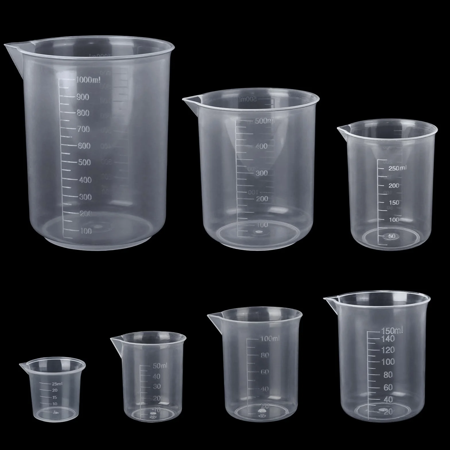 Zestaw kubków z miarką, 7 sztuk, miarki 25 ml, 50 ml, 100 ml, 150 ml, 250 ml, 500 ml, 1000 ml, tworzywo sztuczne, ML, miarka ze skalą do laboratorium, kuchni i środków piorących