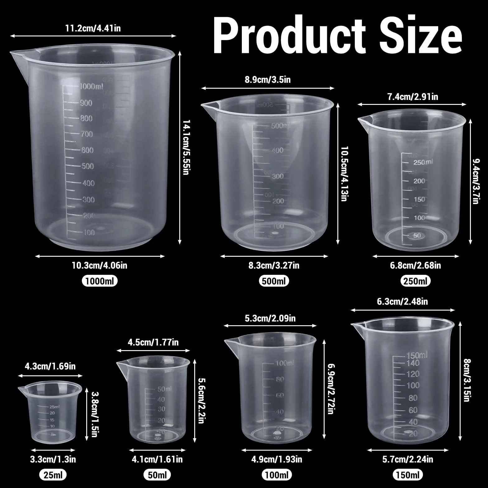 Zestaw kubków z miarką, 7 sztuk, miarki 25 ml, 50 ml, 100 ml, 150 ml, 250 ml, 500 ml, 1000 ml, tworzywo sztuczne, ML, miarka ze skalą do laboratorium, kuchni i środków piorących