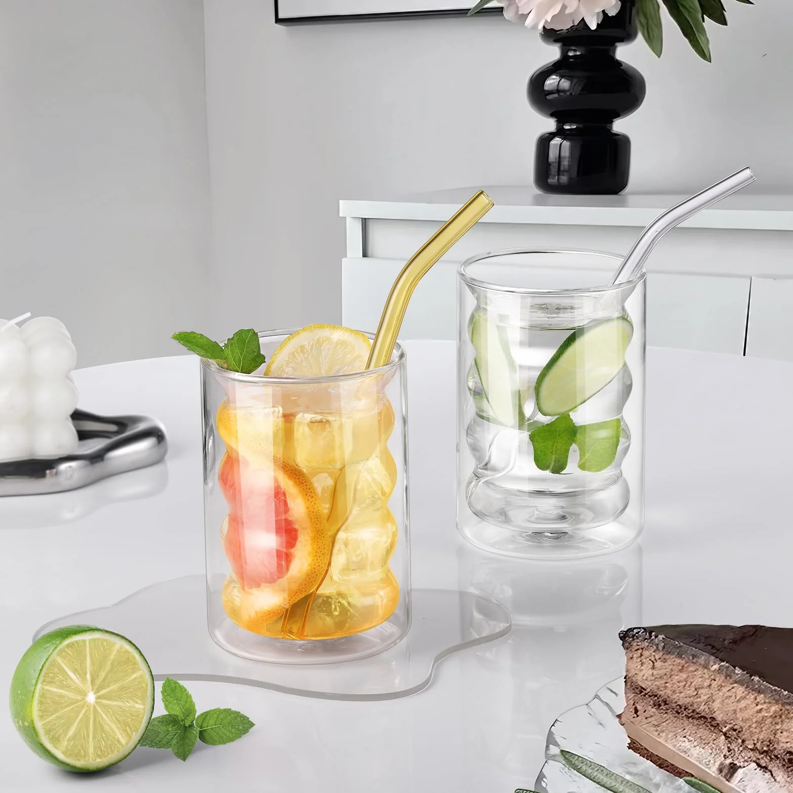 ecooe Szklanki do kawy o podwójnych ściankach 350 ml, szklanki do latte macchiato, zestaw 6 sztuk, szkło borokrzemowe, filiżanki do kawy, szklanki do herbaty z łyżeczką do cappuccino, herbaty, lodów,