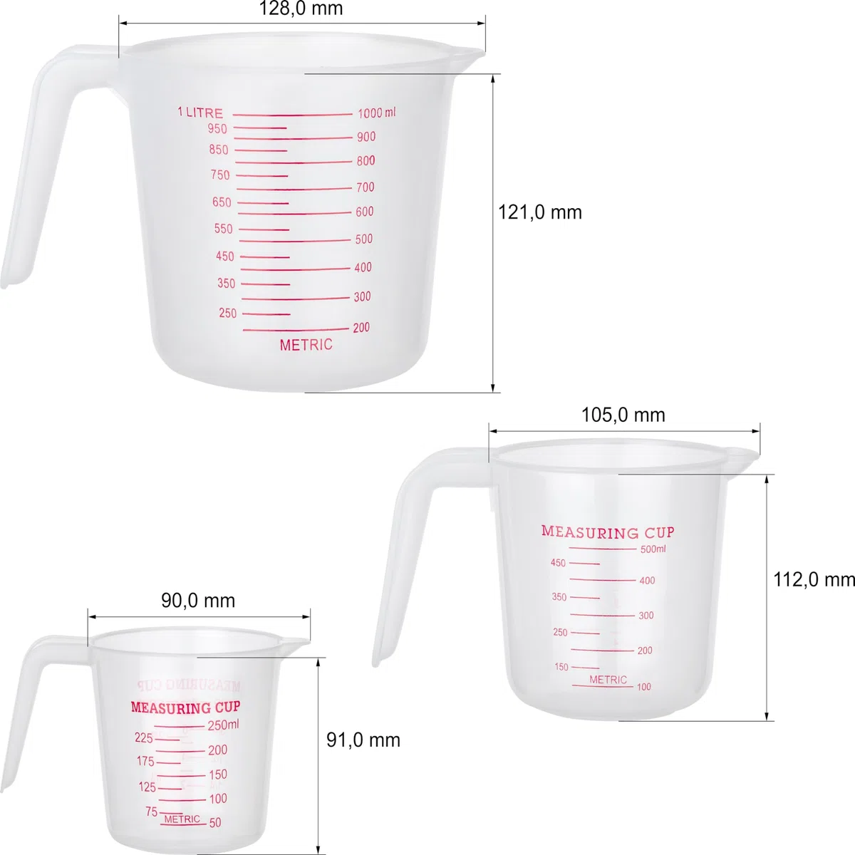 ISOLATECH Zestaw szklanek dozujących 250/500/1000 ml z tworzywa sztucznego | Z podziałką, Wiele podziałek, tworzywo sztuczne żaroodporne, przezroczyste, do kuchni, chemii i żywności