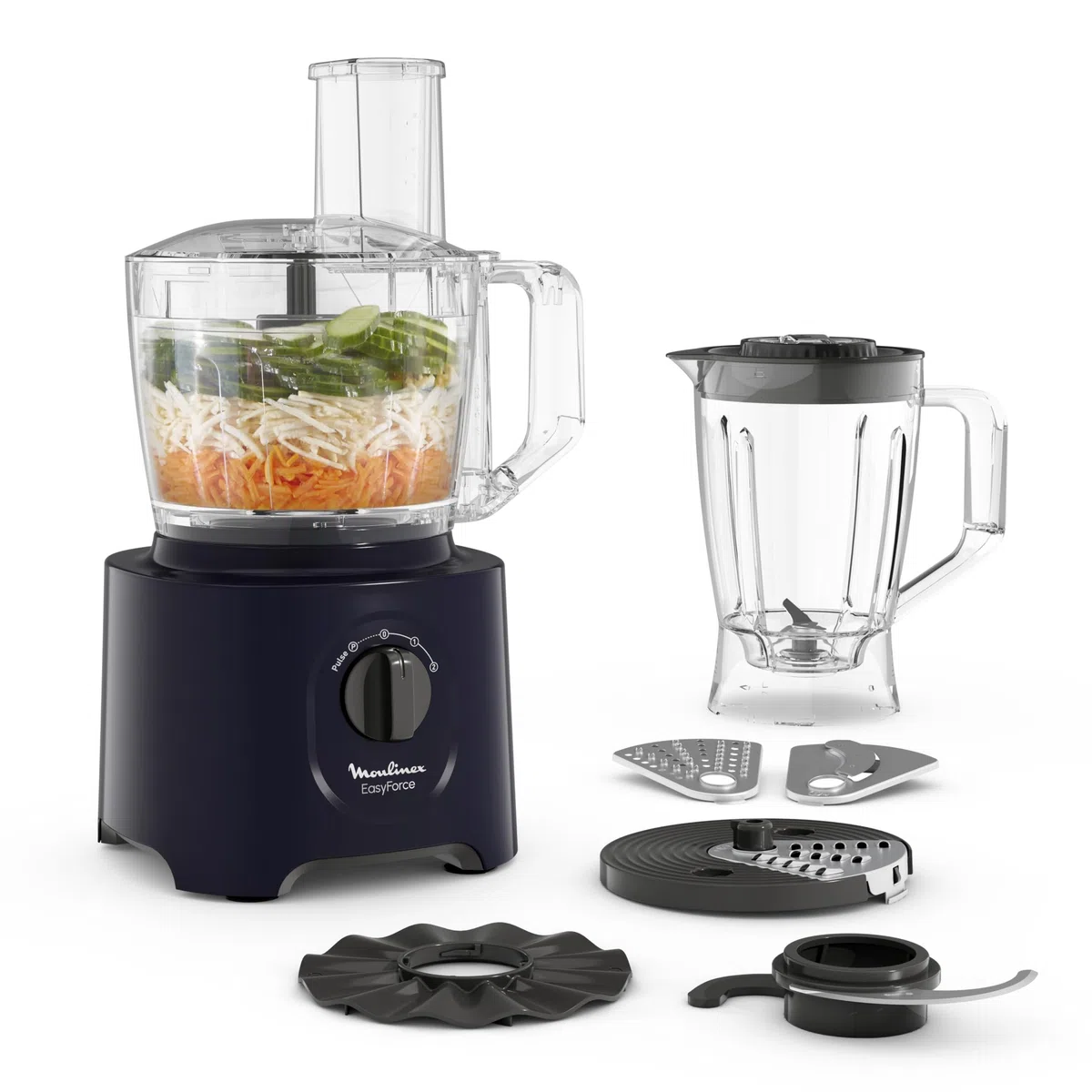 Moulinex Easy Force Wielofunkcyjny robot kuchenny, 800 W, 25 funkcji, 2 prędkości + puls, 6 akcesoriów, w tym 1 blender w zestawie, kompaktowy FP247810, Night Blue