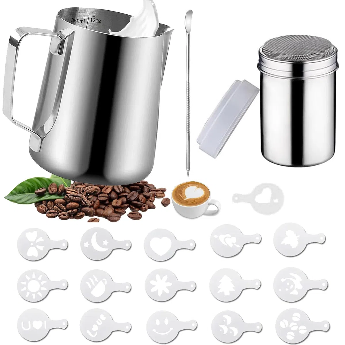 Dzbanek do mleka ze stali nierdzewnej, 350 ml Dzbanek do Spieniania Mleka, latte dekorowanie pióro artystyczne, Dzbanek na Mleko z Miarką dla Baristy, Espresso, Latte Art