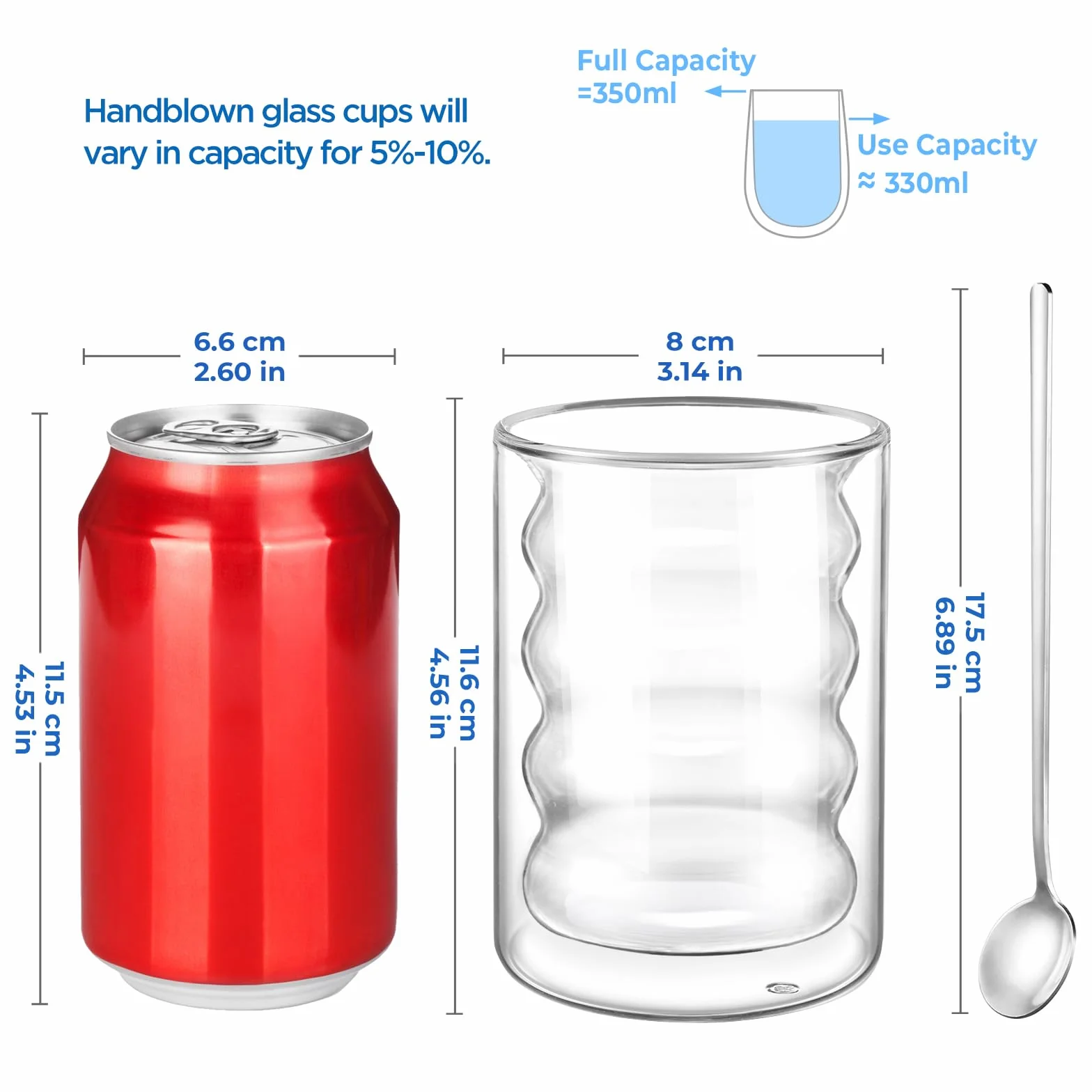 ecooe Szklanki do kawy o podwójnych ściankach 350 ml, szklanki do latte macchiato, zestaw 6 sztuk, szkło borokrzemowe, filiżanki do kawy, szklanki do herbaty z łyżeczką do cappuccino, herbaty, lodów,