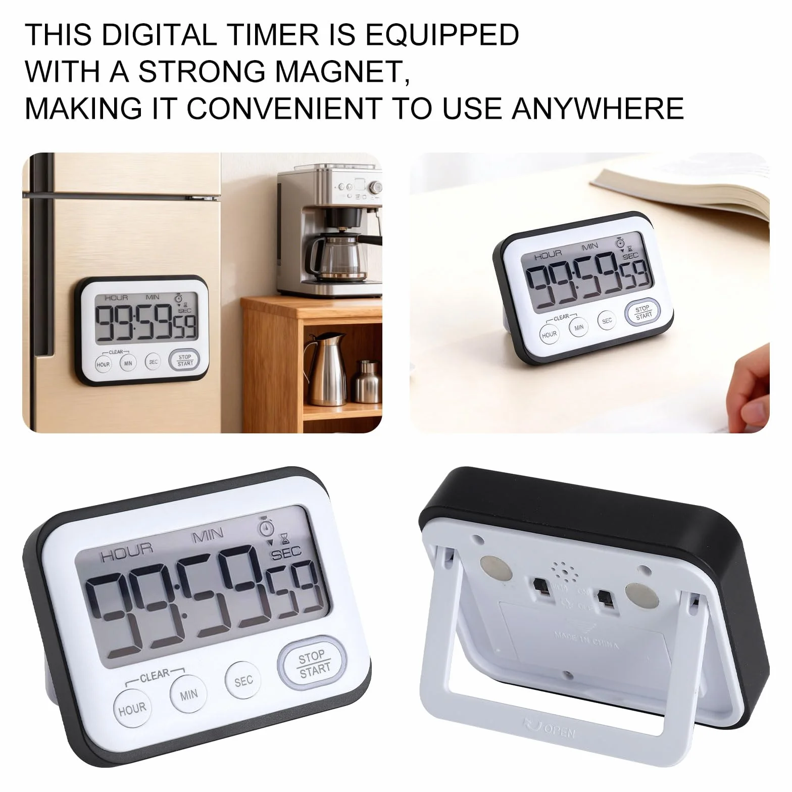 HENGBIRD Cyfrowy Minutnik Kuchenny z Dużym Wyświetlaczem, Timer 3 w 1 z Alarmem, Stoperem, Odliczaniem i Liczeniem Czasu, Ekran LCD z Magnesem i Podstawką do Kuchni, Nauki i Biura, Czarny z Naklejką D
