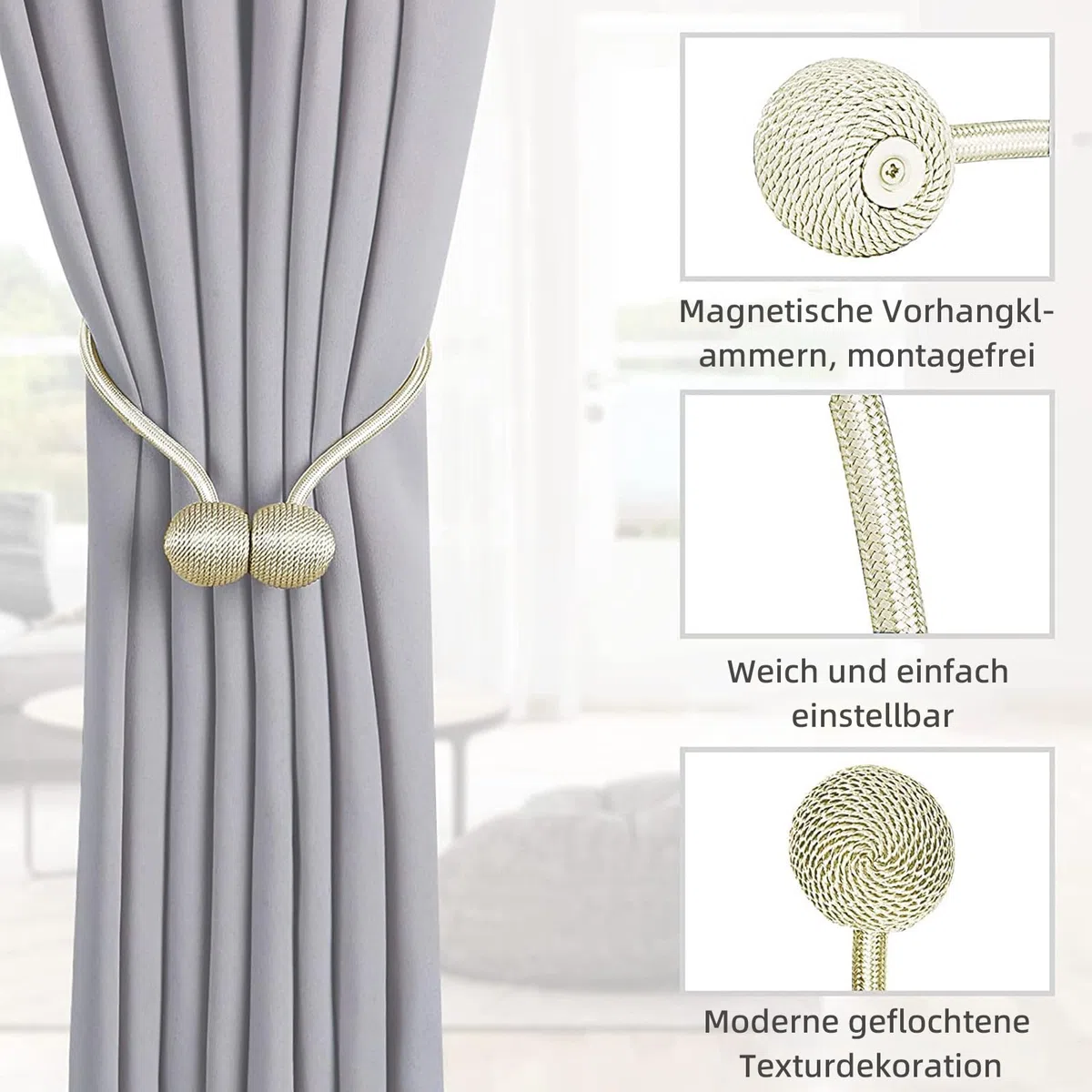 TopHomer Beżowe magnetyczne wiązania do zasłon, 2 sztuki, poliester, 49 cm, styl europejski
