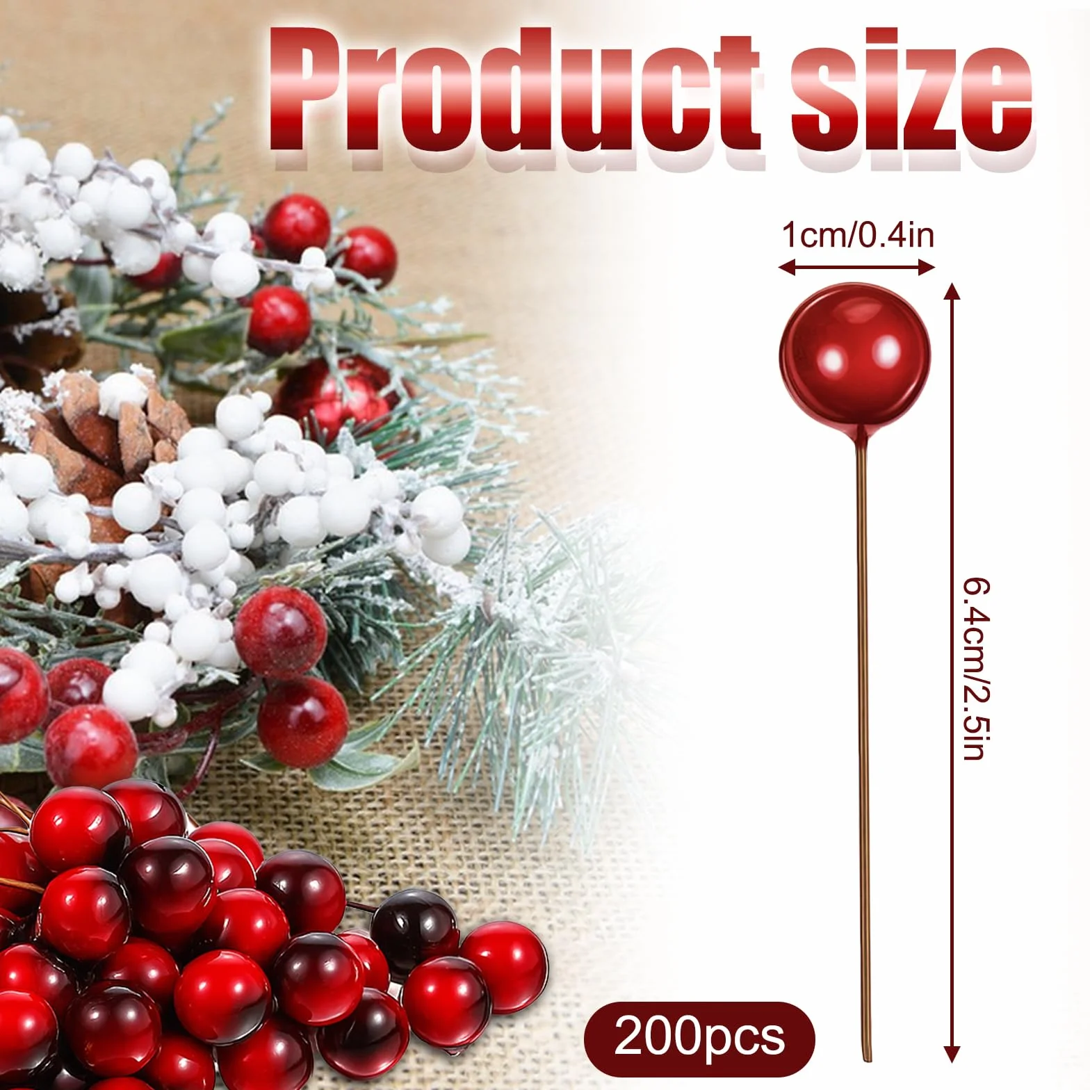 200 sztuk sztucznych jagód ostrokrzewu, 10 mm, mini czerwone jagody, sztuczne czerwone jagody do majsterkowania, z drucianymi łodygami, jagody bożonarodzeniowe do wieńca bożonarodzeniowego, dekoracji