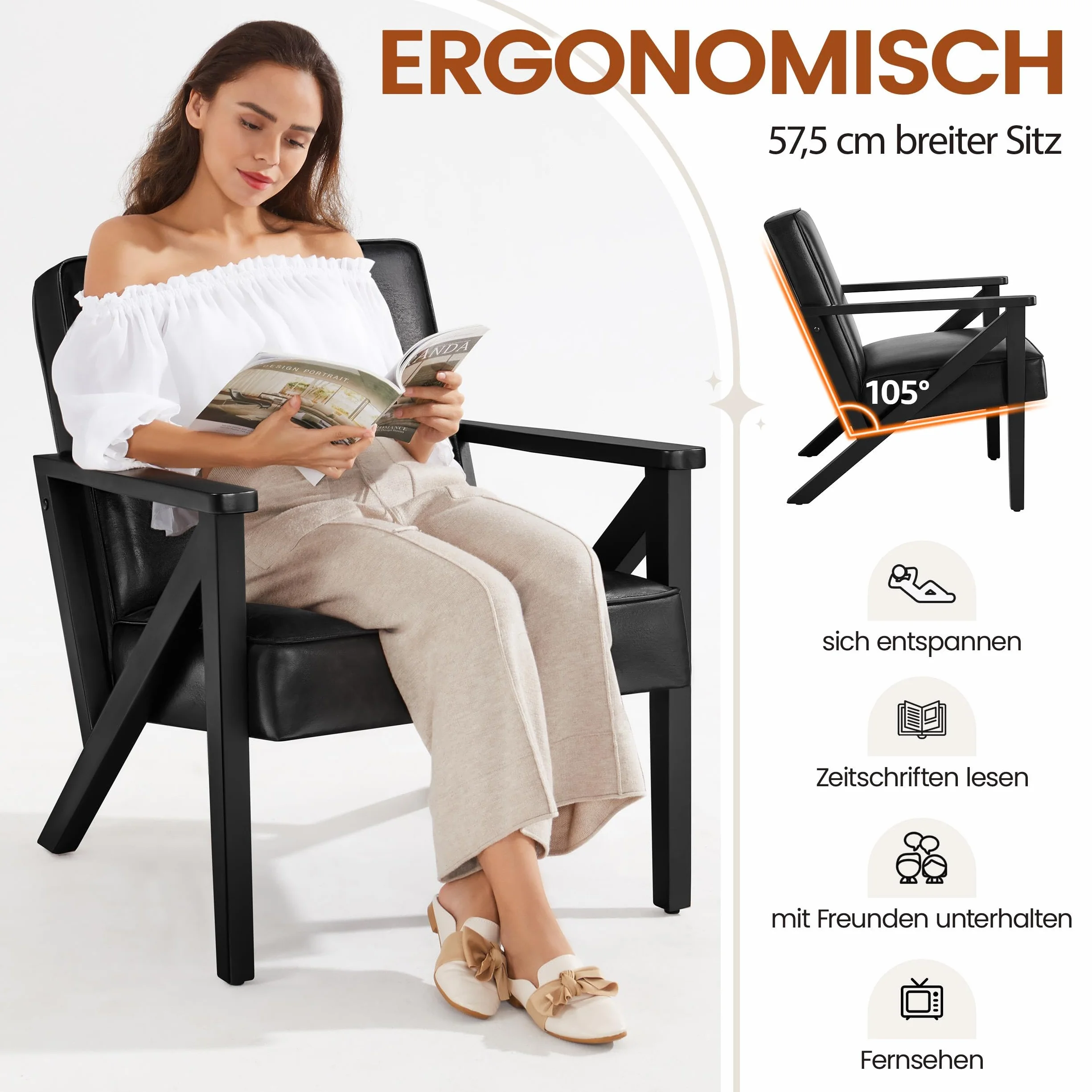 Yaheetech Fotel telewizyjny do wypoczynku, ze sztucznej skóry, fotel wypoczynkowy, tapicerowany, pojedyncza sofa z nogami z litego drewna, na balkon/do salonu/sypialni, recepcji, kolor czarny