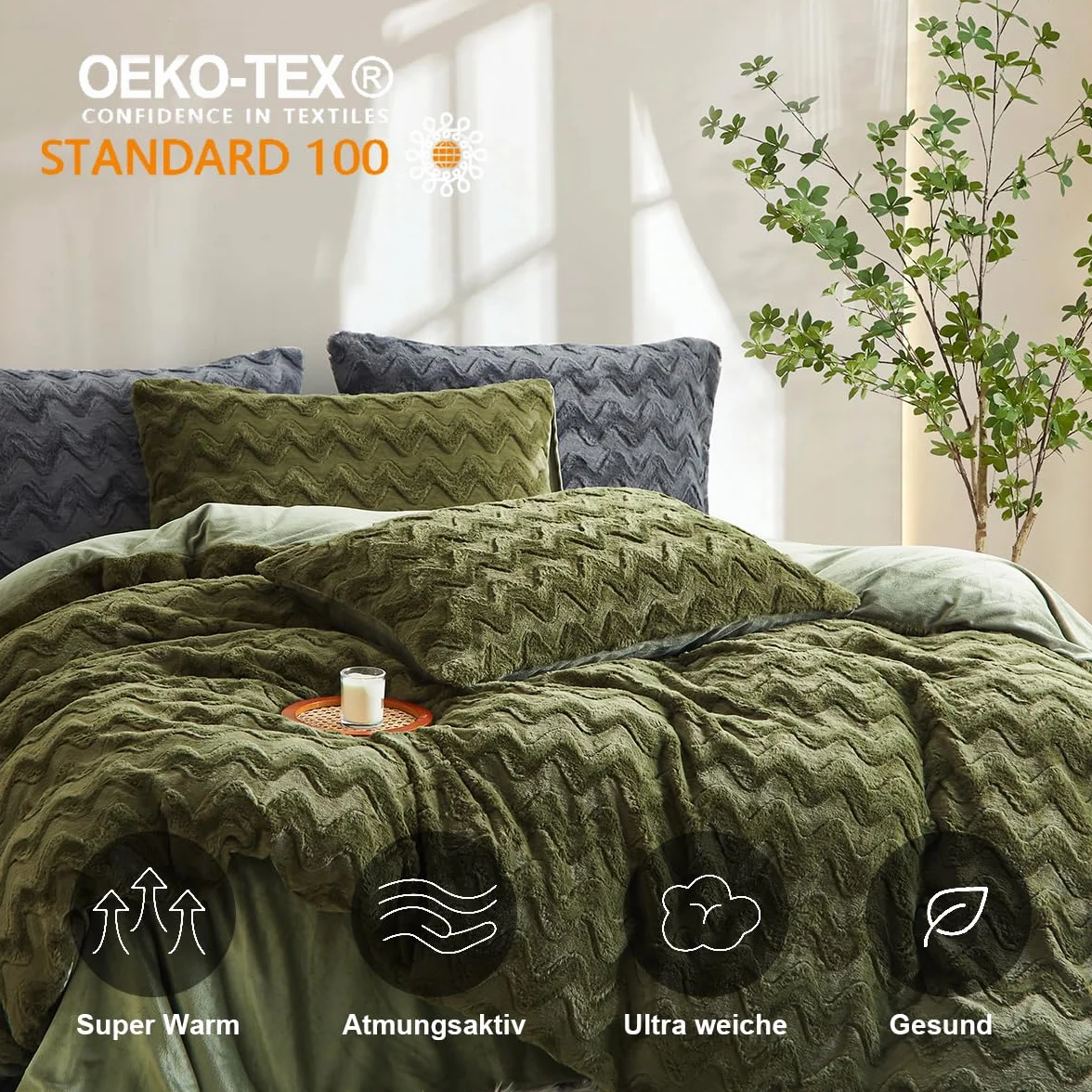 Sacebeleu Pluszowa pościel 135 x 200 cm, zielona, sztuczne futro, puszysta pościel zimowa, ciepła, przytulna, flanelowa, polar, wzór fal, bóbr, poszewka na kołdrę z zamkiem błyskawicznym i 1 poszewka