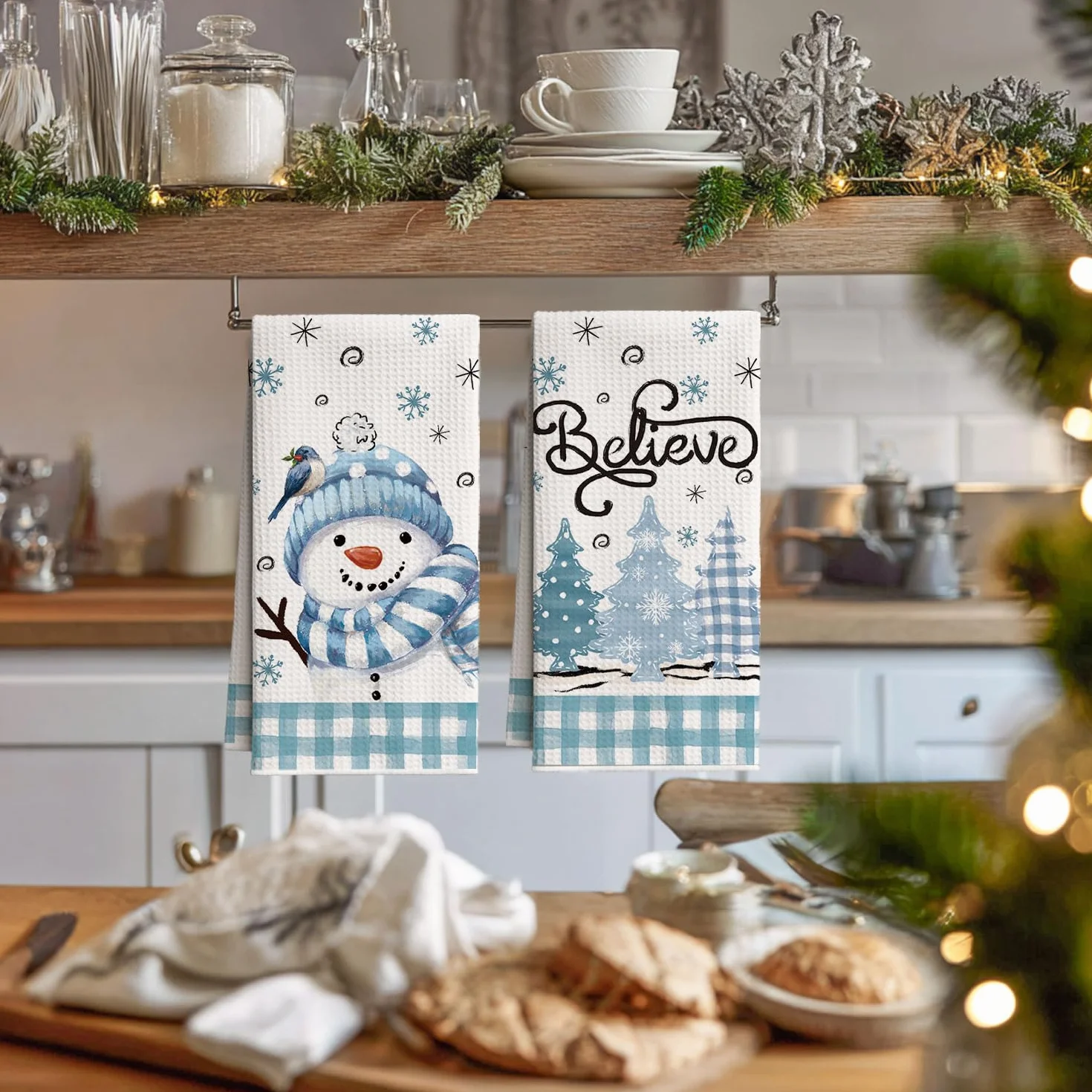 Artoid Mode Niebieska bawola karo szal bałwanek drzewa Believe Boże Narodzenie ręczniki kuchenne ścierki do naczyń, 42 x 65 cm mikrofibra chłonna dekoracja kuchenna zestaw 2 szt
