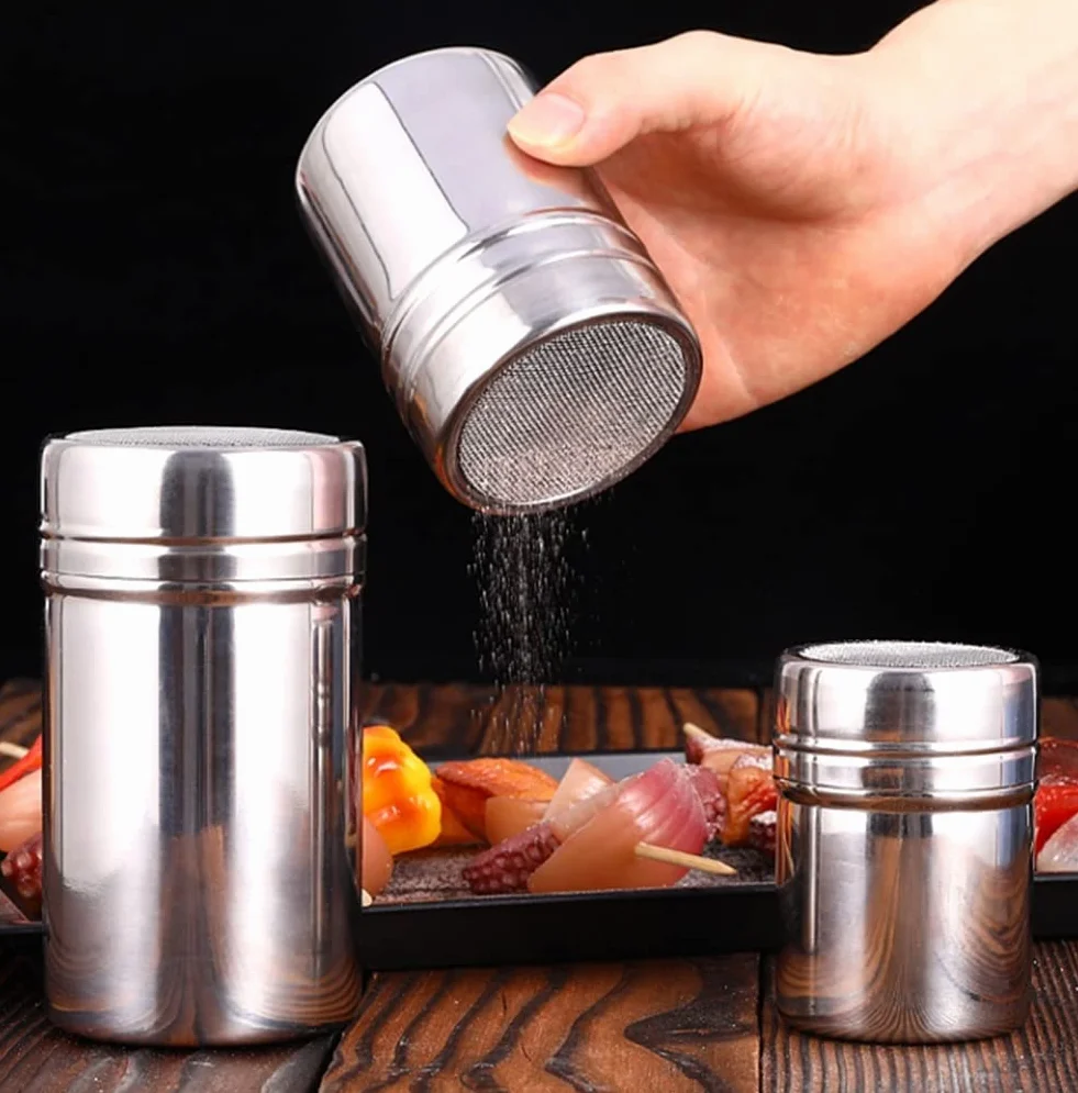 Shaker proszków ze stali nierdzewnej Siatkowy shaker czekolady Sitko mąki kawy Słoiki przyprawy Pojemnik przyprawy Kuchenne narzędzia kuchenne ze zdejmowaną pyłoszczelną pokrywką pieczenia Gotowanie M