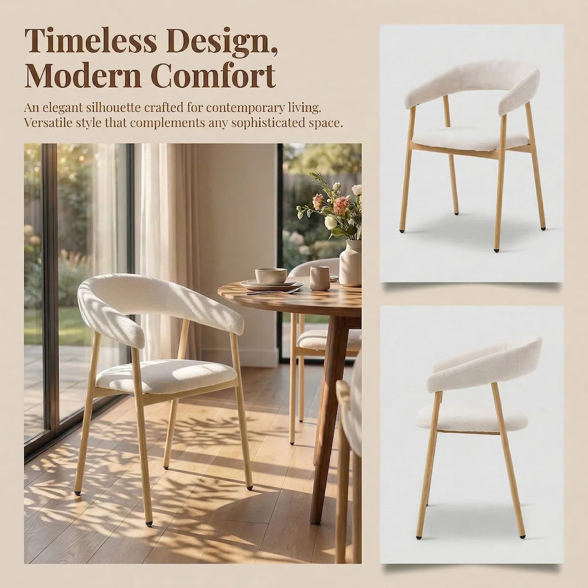 Modern Dining Chairs Set of 4 Ergonomic Chenille Upholstered with Armrest and Curved Back Kitchen Chair Metal Legs with Wood Grain Beige (2, Beige-oak color)
