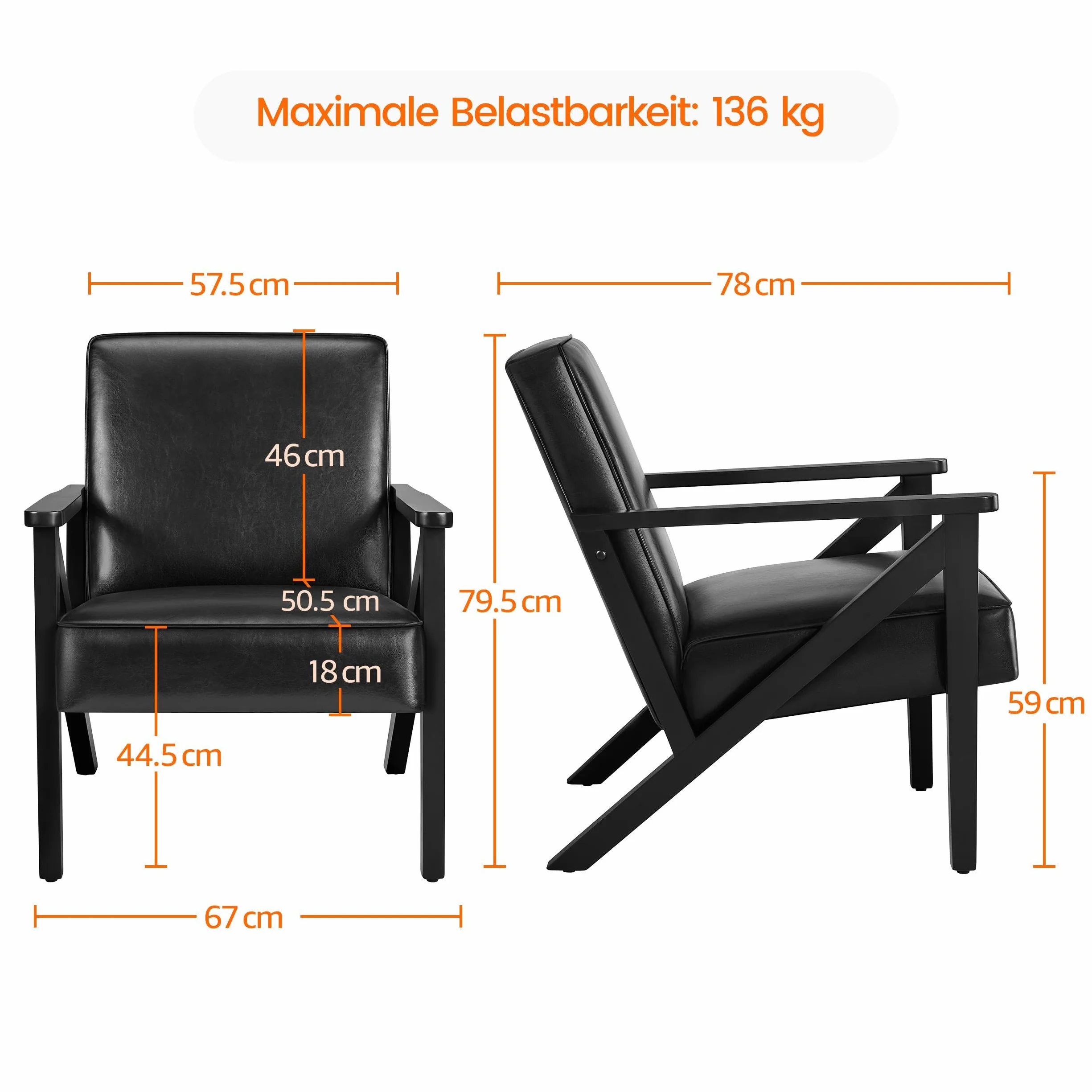 Yaheetech Fotel telewizyjny do wypoczynku, ze sztucznej skóry, fotel wypoczynkowy, tapicerowany, pojedyncza sofa z nogami z litego drewna, na balkon/do salonu/sypialni, recepcji, kolor czarny