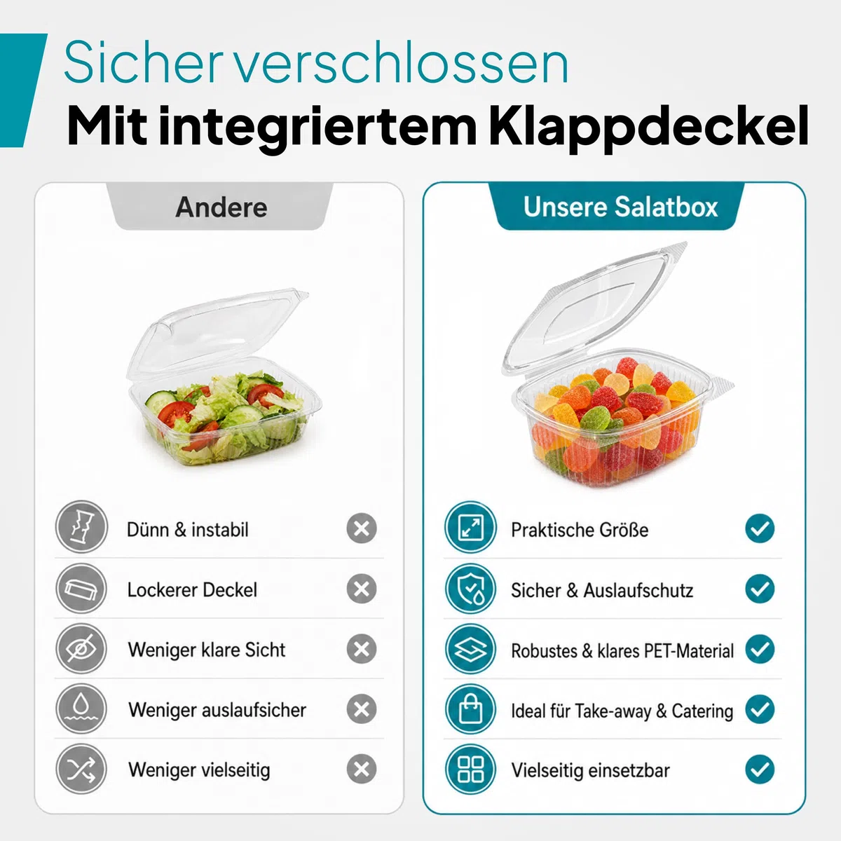 Commerline 500 sztuk, 750 ml, prostokątne miski składane | plastikowe pojemniki wielokrotnego użytku | miski do sałatek z pokrywką | przezroczyste pojemniki na delikatesy i żywność do gastronomii