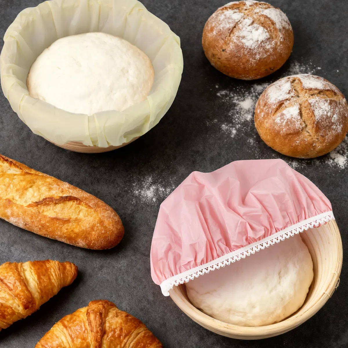 Osłonki na żywność do pieczenia chleba, akcesoria: 8 sztuk folii fermentacyjnej do przykrycia, wielokrotnego użytku z gumką, kosze do garowania potraw, chleba, zakwasu