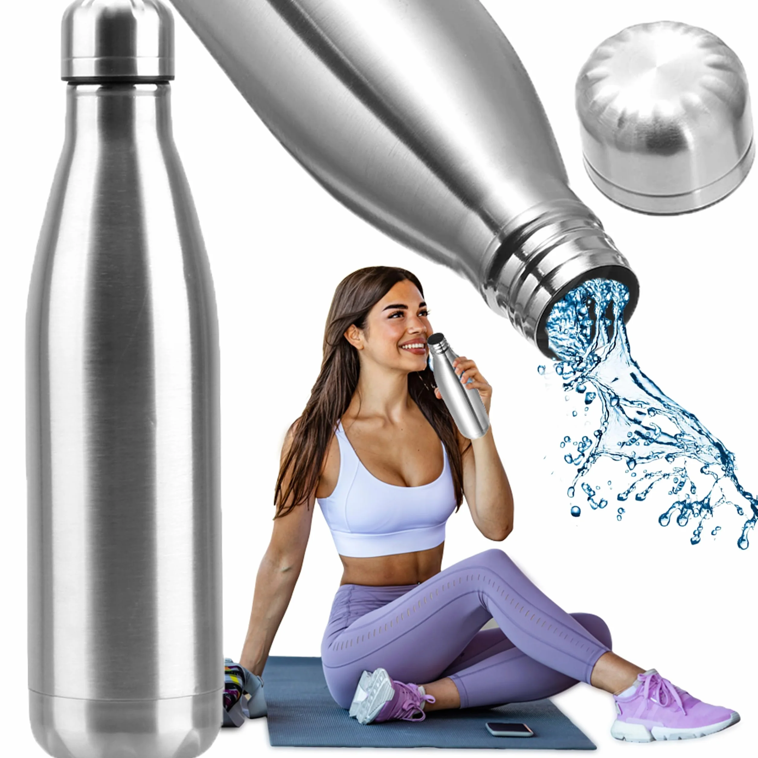 Retoo Butelka na wodę ze stali nierdzewnej, 500 ml, z zakrętką 0,5 litra, nadaje się do mycia w zmywarce, szczelna, butelka do uprawiania sportu, biegania, jazdy na rowerze, jogi, szkoły, fitnessu,