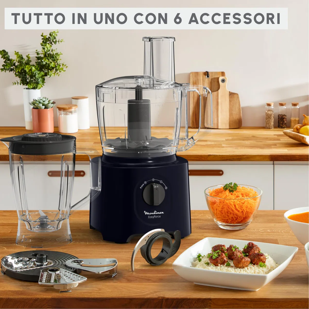 Moulinex Easy Force Wielofunkcyjny robot kuchenny, 800 W, 25 funkcji, 2 prędkości + puls, 6 akcesoriów, w tym 1 blender w zestawie, kompaktowy FP247810, Night Blue
