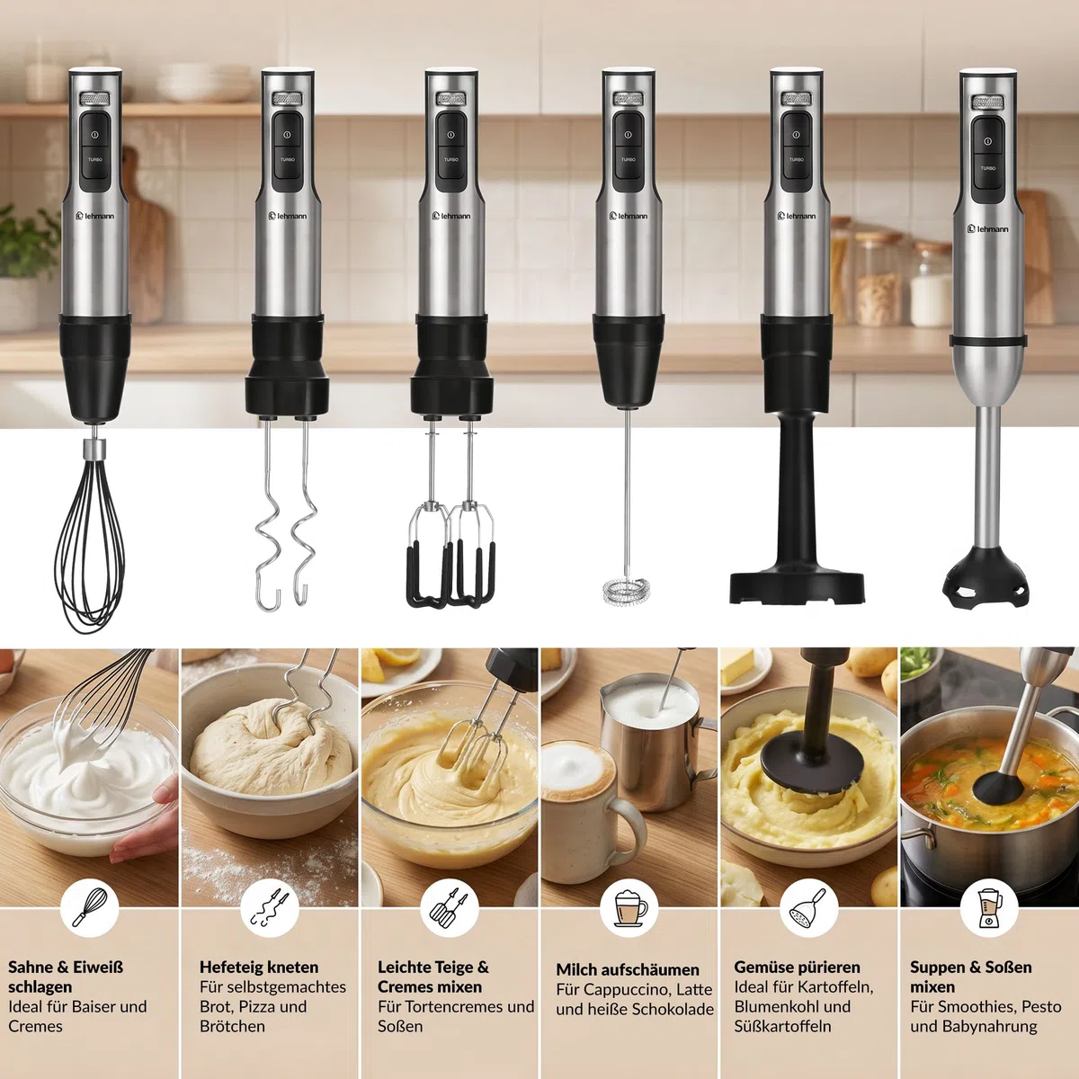 LEHMANN Blender ręczny zestaw 2000 W, wielofunkcyjny blender immersyjny 10 w 1, 12 stopni i funkcja turbo, 12 akcesoriów, system zapobiegający zarysowaniom, kubek 800 ml, rozdrabniacz 600 ml i