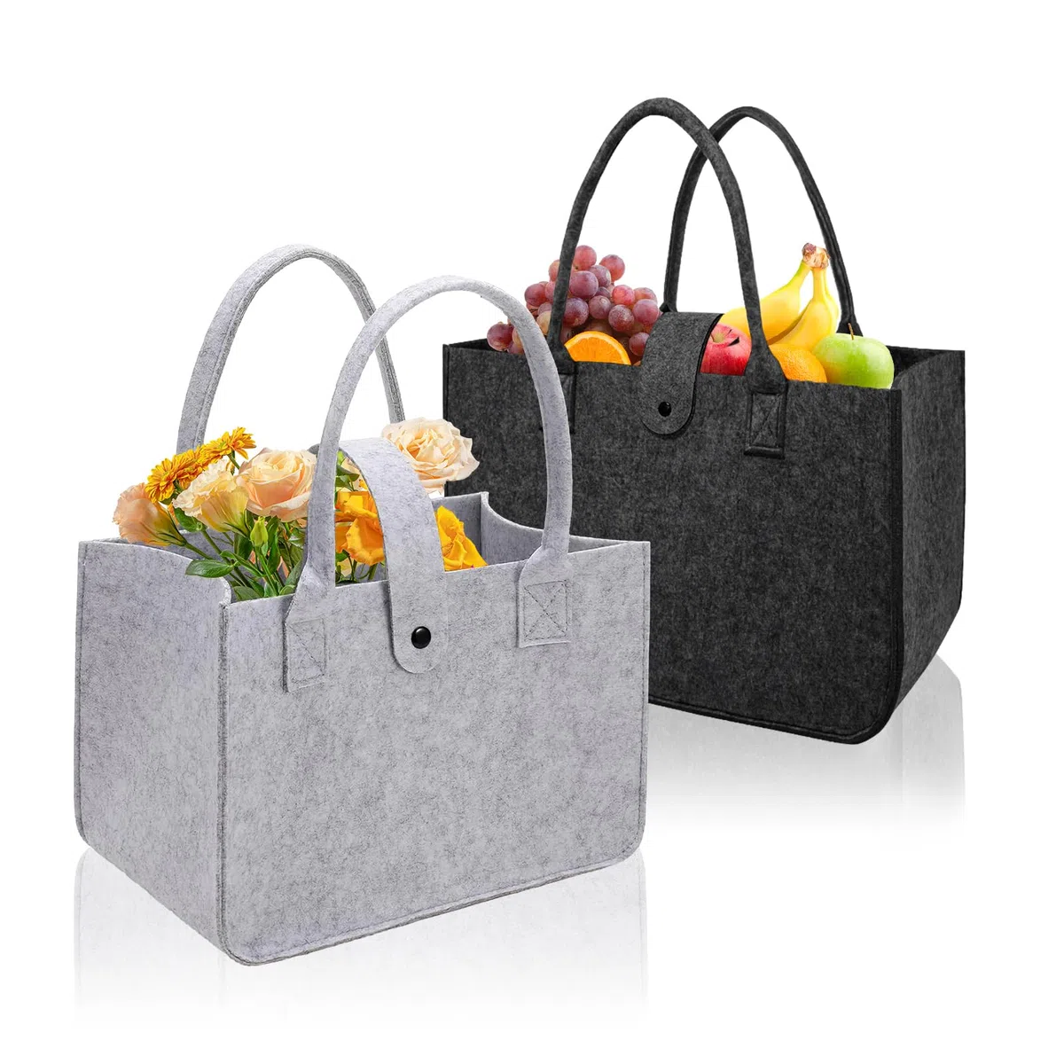 2 sztuki filcowych torebek na zakupy, torba filcowa 30 x 20 x 18 cm, duży kosz filcowy, składane torby filcowe, torby na zakupy, filcowe, kolor czarny, jasnoszary, z zamknięciem na zakupy, do
