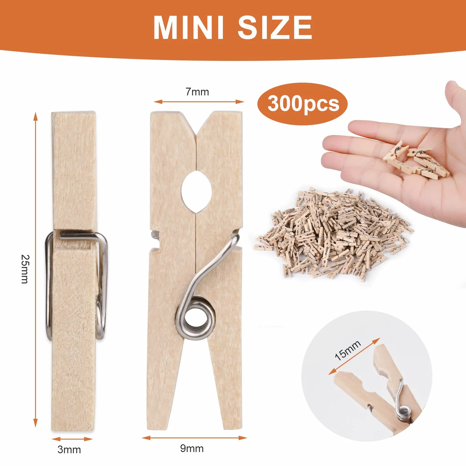 Vicloon Mini drewniane klamerki, 300 szt. mini klamerek, małe drewniane klamerki do sztuki i rzemiosła, małe klamerki do ściany fotograficznej, domu, szkoły, dekoracja ślubna, klipsy do zdjęć 2,5 x