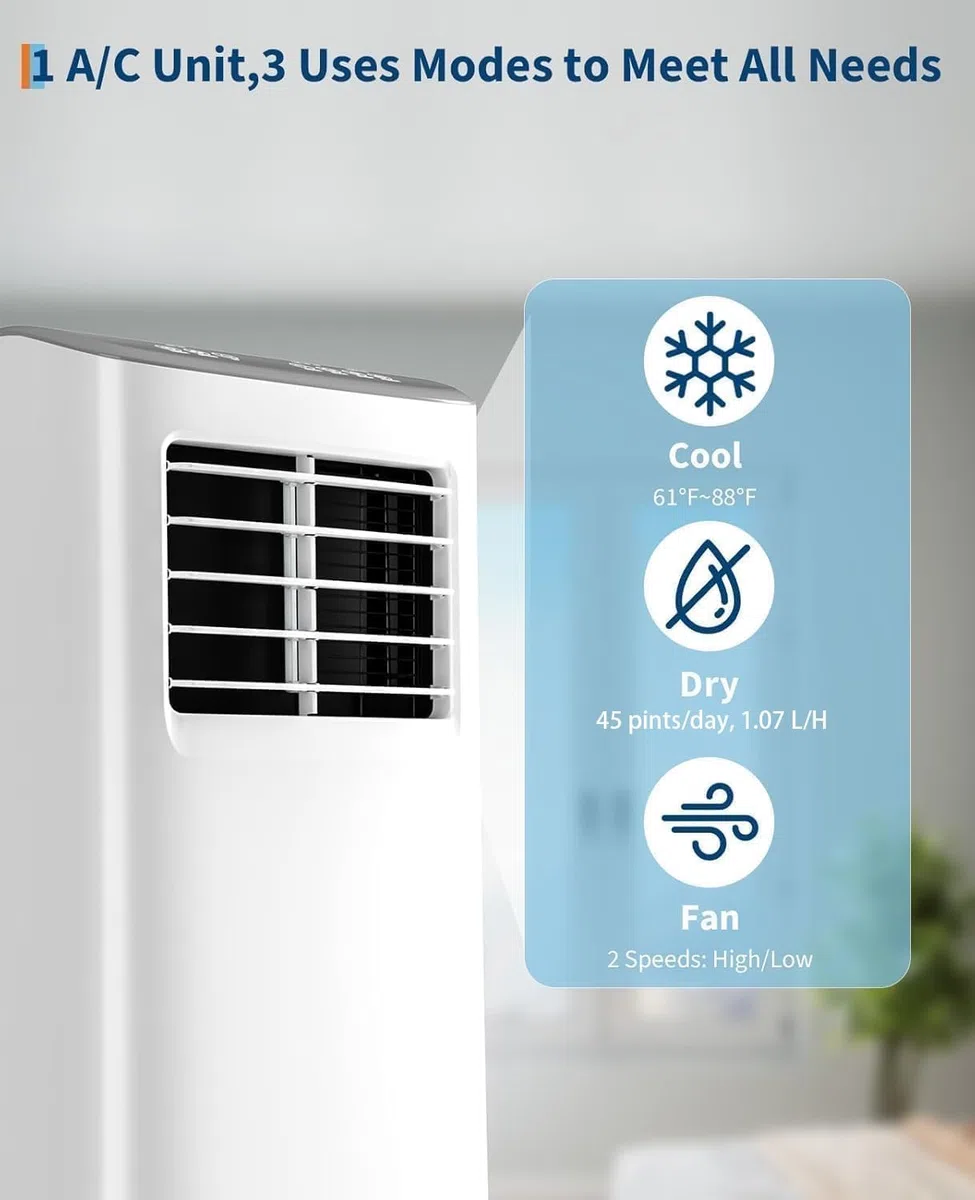 Garvee - Przenośny klimatyzator 3 w 1, 8000 BTU, przenośna jednostka AC z chłodzeniem, osuszaczem powietrza i wentylatorem, do pomieszczeń o powierzchni do 350 m², z pilotem zdalnego sterowania