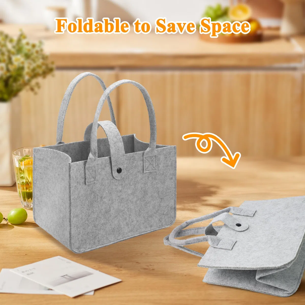 2 sztuki filcowych torebek na zakupy, torba filcowa 30 x 20 x 18 cm, duży kosz filcowy, składane torby filcowe, torby na zakupy, filcowe, kolor czarny, jasnoszary, z zamknięciem na zakupy, do