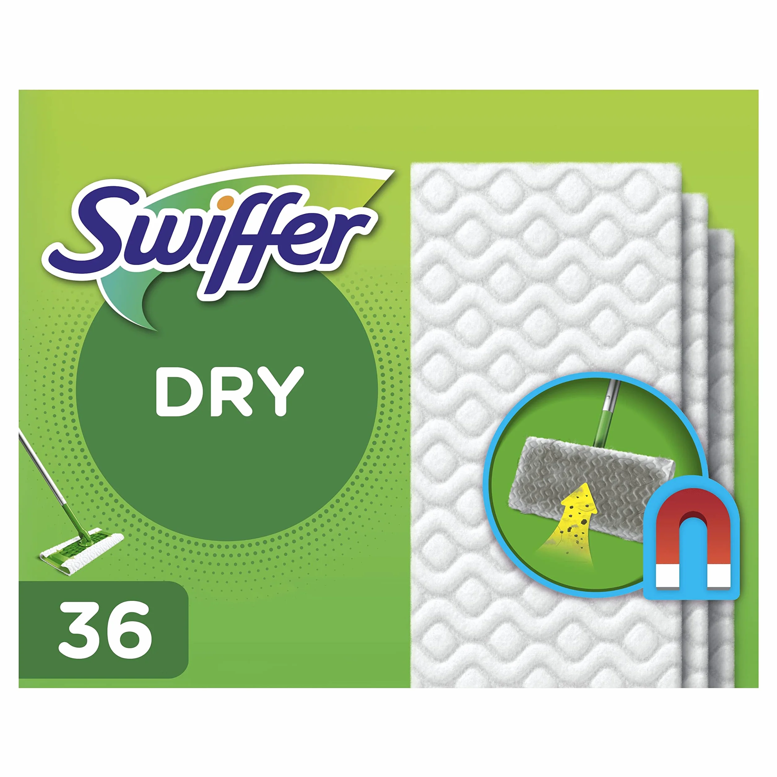 Swiffer Miotła do łapania kurzu uzupełnia suche chusteczki, 36 chusteczek czyszczących, do zamiatania, łapania i zatrzymywania 3 razy więcej kurzu, brudu i włosów niż klasyczna miotła