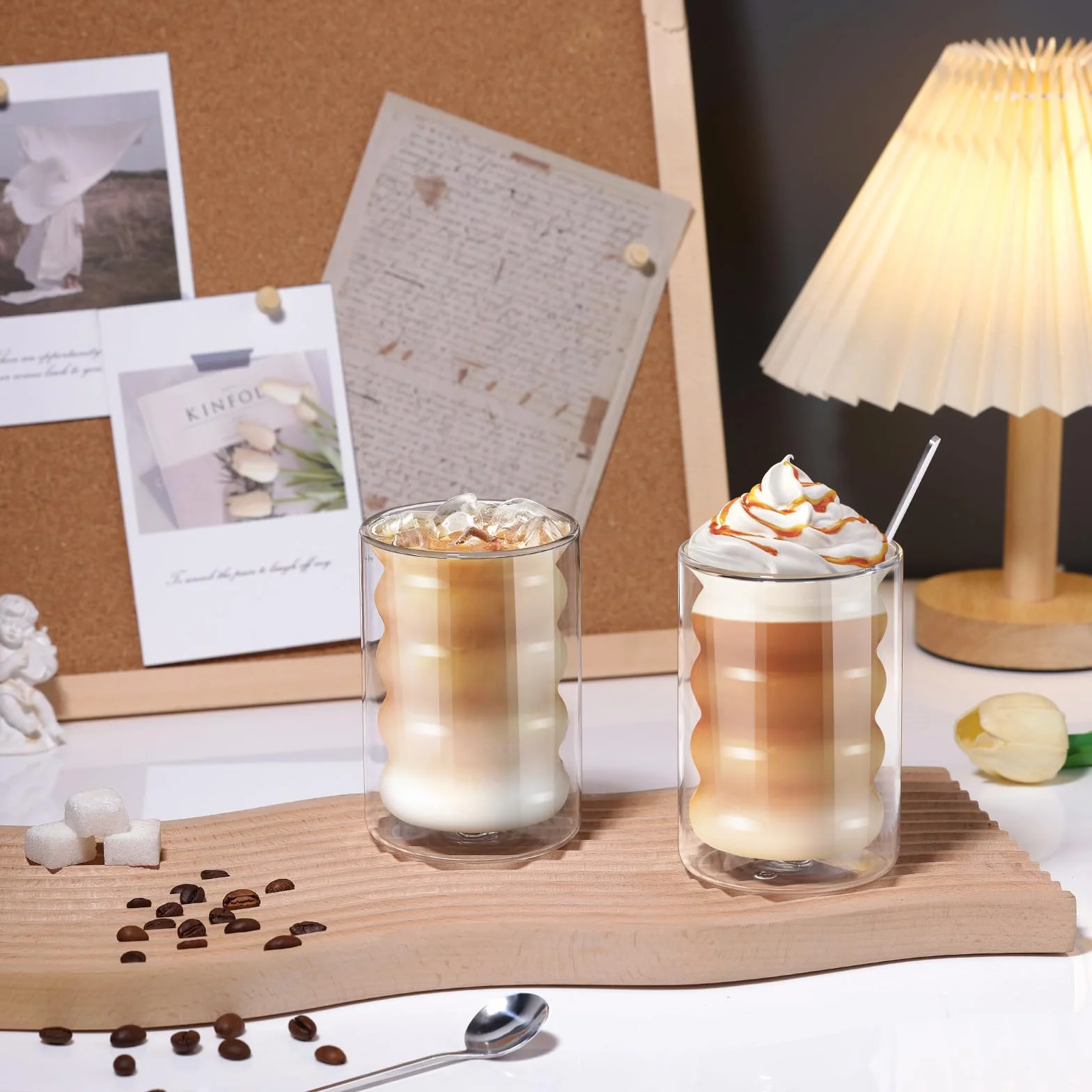 ecooe Szklanki do kawy o podwójnych ściankach 350 ml, szklanki do latte macchiato, zestaw 6 sztuk, szkło borokrzemowe, filiżanki do kawy, szklanki do herbaty z łyżeczką do cappuccino, herbaty, lodów,