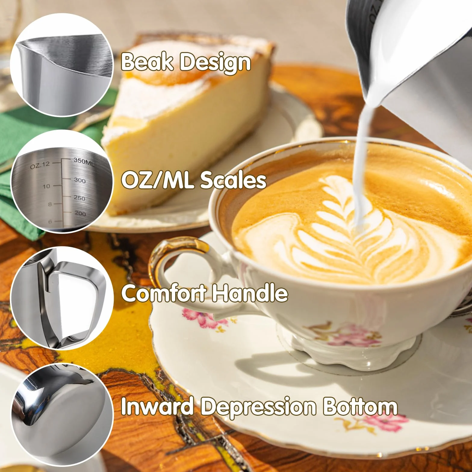 Dzbanek do mleka ze stali nierdzewnej, 350 ml Dzbanek do Spieniania Mleka, latte dekorowanie pióro artystyczne, Dzbanek na Mleko z Miarką dla Baristy, Espresso, Latte Art