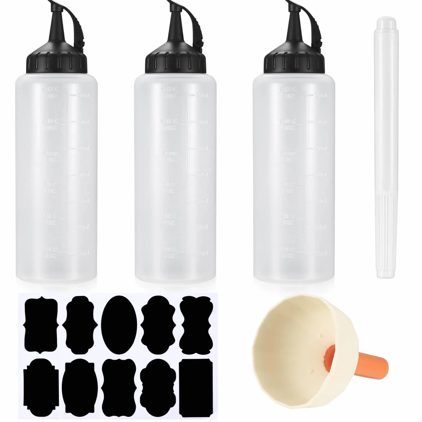 3 butelki do wyciskania z nakrętkami, 350 ml, dozownik do sosów, ketchupu, tworzywa sztucznego, majonezu, sosów, musztardy, oliwy z oliwek, z lejką