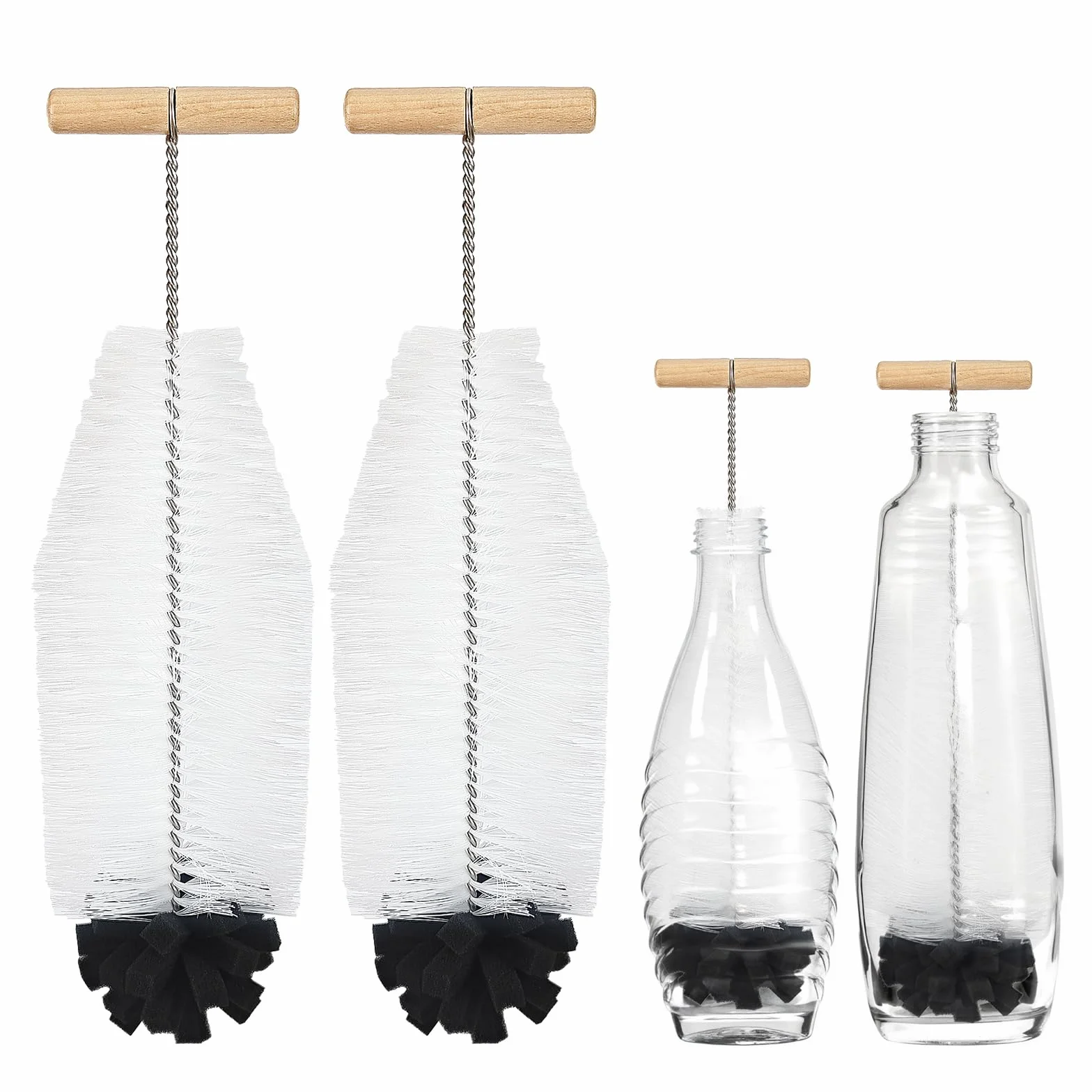 Szczotka do butelek Sodastream, 32 cm, 2 sztuki, z ergonomicznym uchwytem, białym włosiem i czarną gąbką, idealna do szklanych i podwójnych butelek z tworzywa sztucznego – mocne czyszczenie bez