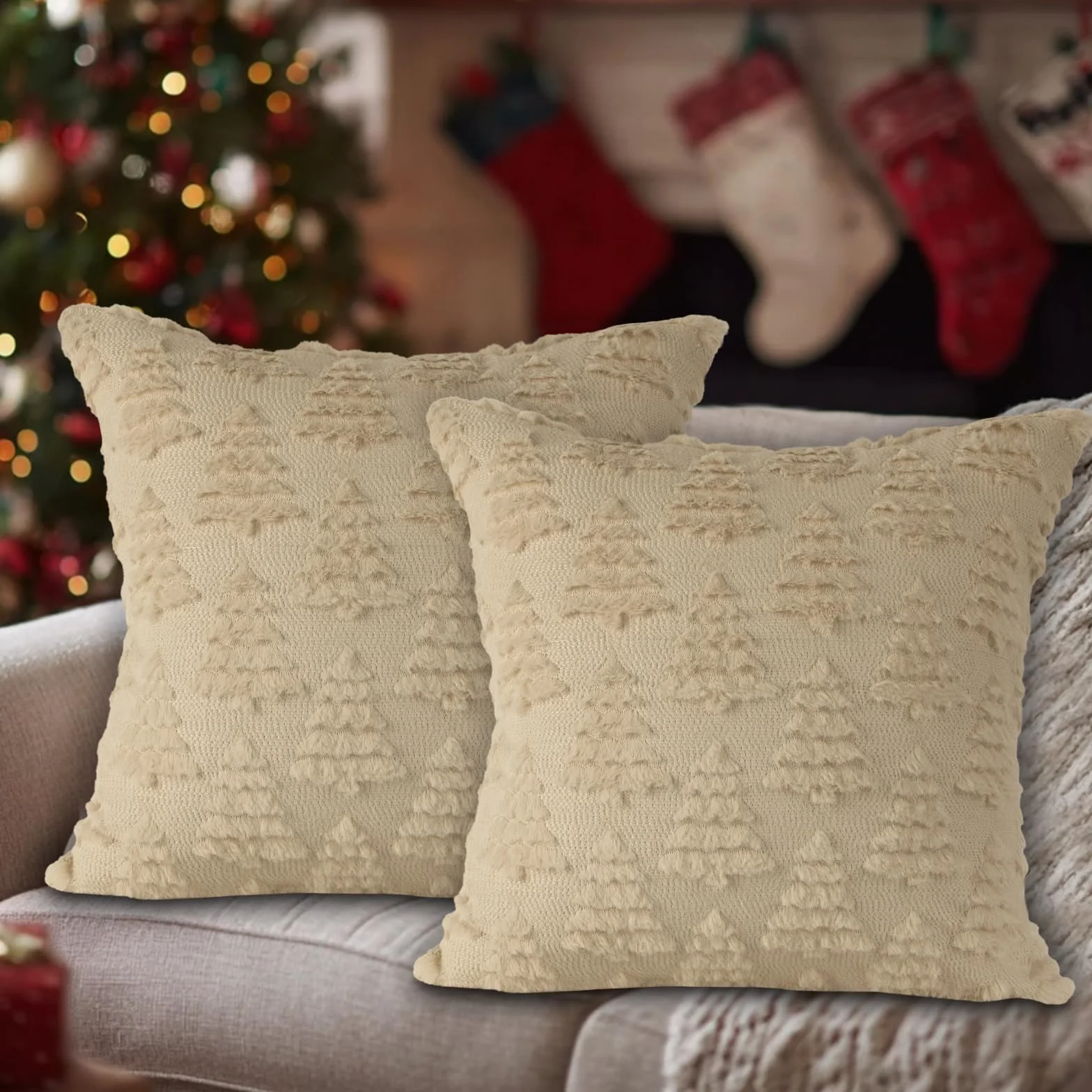Lanpn Zestaw 2 Świąteczna poszewka na poduszkę 40x40cm, dekoracyjna poszewka na poduszkę do biura domu salonu sypialni kanapy łóżka sofy dekoracji świątecznych (Choinka, Beżowy)