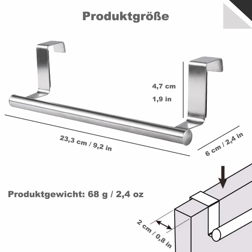 Wieszak na ręczniki, 23 cm, wieszak na ręczniki bez wiercenia, średnica 2 cm, do łazienki kuchni, szafek i szafek ściennych, srebrny