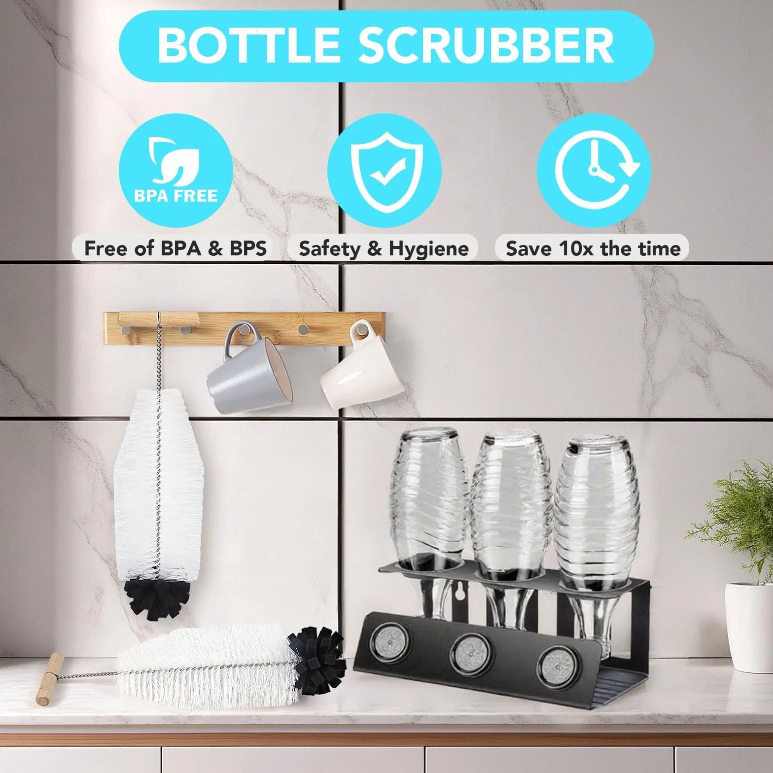 Szczotka do butelek Sodastream, 32 cm, 2 sztuki, z ergonomicznym uchwytem, białym włosiem i czarną gąbką, idealna do szklanych i podwójnych butelek z tworzywa sztucznego – mocne czyszczenie bez