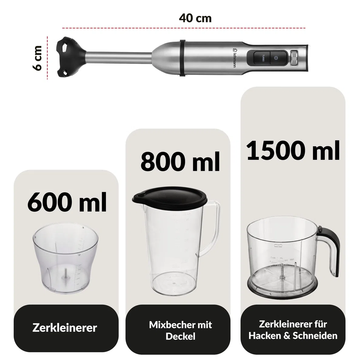 LEHMANN Blender ręczny zestaw 2000 W, wielofunkcyjny blender immersyjny 10 w 1, 12 stopni i funkcja turbo, 12 akcesoriów, system zapobiegający zarysowaniom, kubek 800 ml, rozdrabniacz 600 ml i