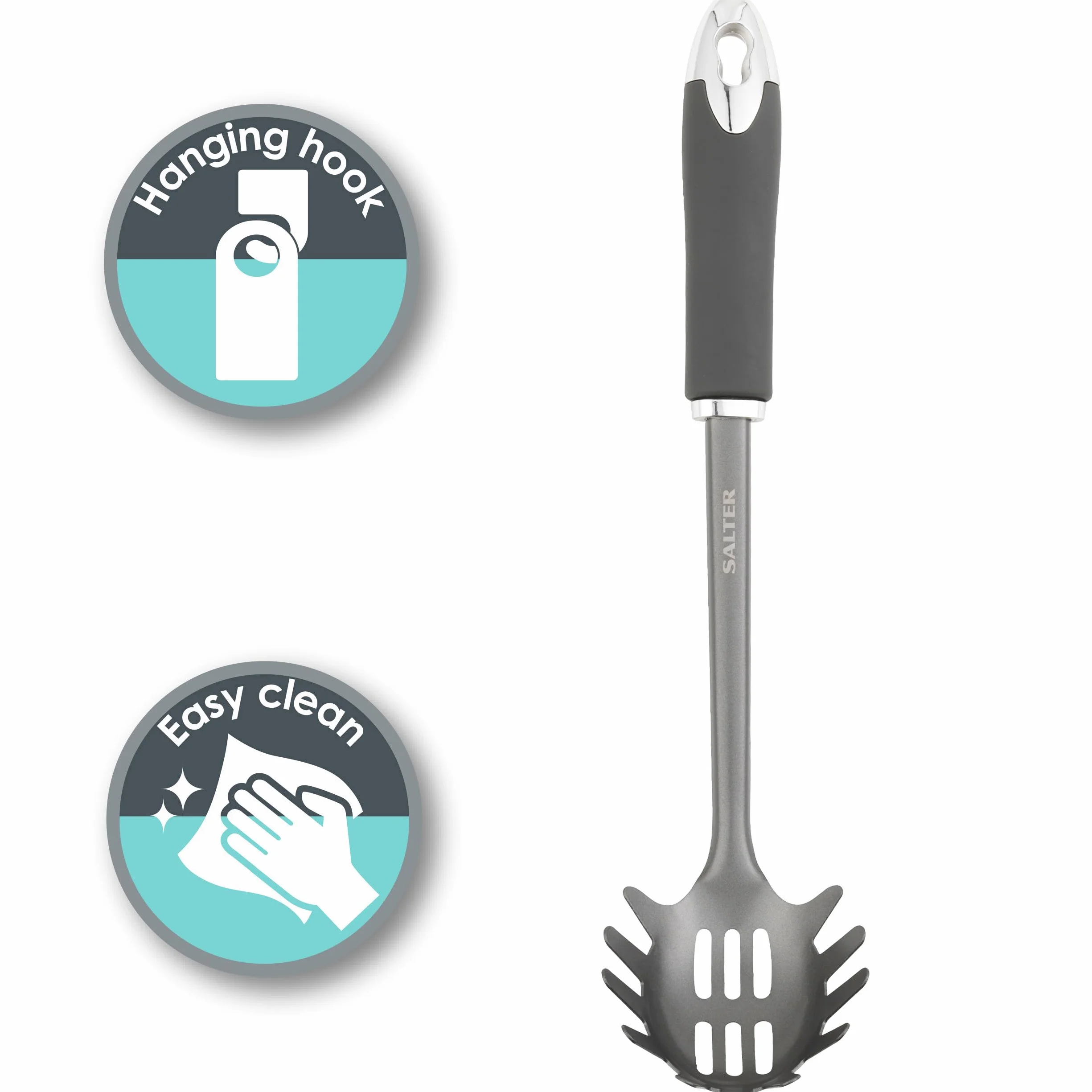 Salter BW11067EU7 Cosmos Spaghetti Spoon, Noodle and Spaghetti Server, Long-lasting Quality, Soft-Touch Ergonomic Design, Easy to Clean, Hanging Hook for Easy Storage, Stainless Steel, Plastic