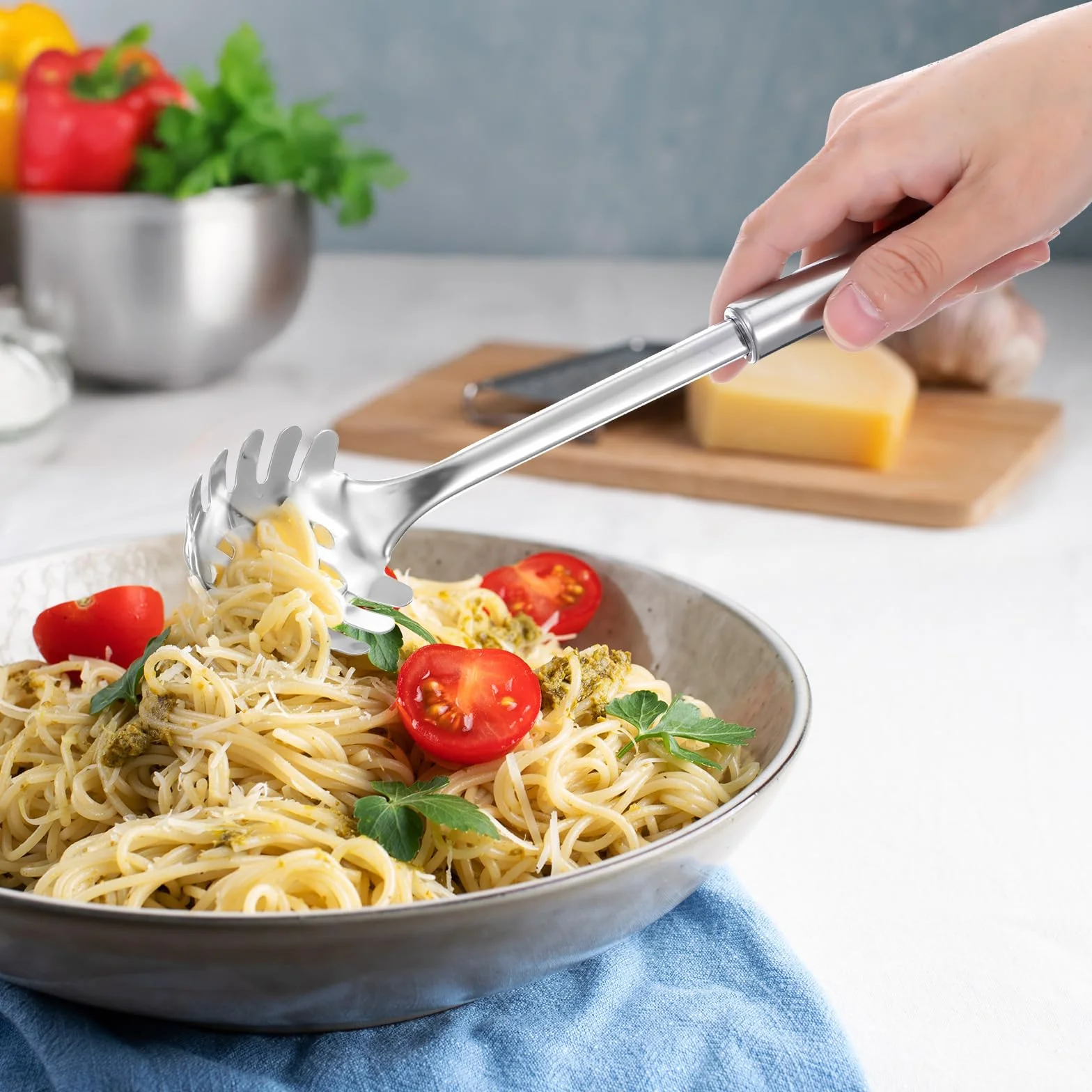 JIEYAO Łyżka do spaghetti, profesjonalna łyżka do makaronu ze stali nierdzewnej, z ergonomicznym uchwytem, szczypce do makaronu, 30 cm, możliwość zawieszenia, idealna do spaghetti linguini i makaronu