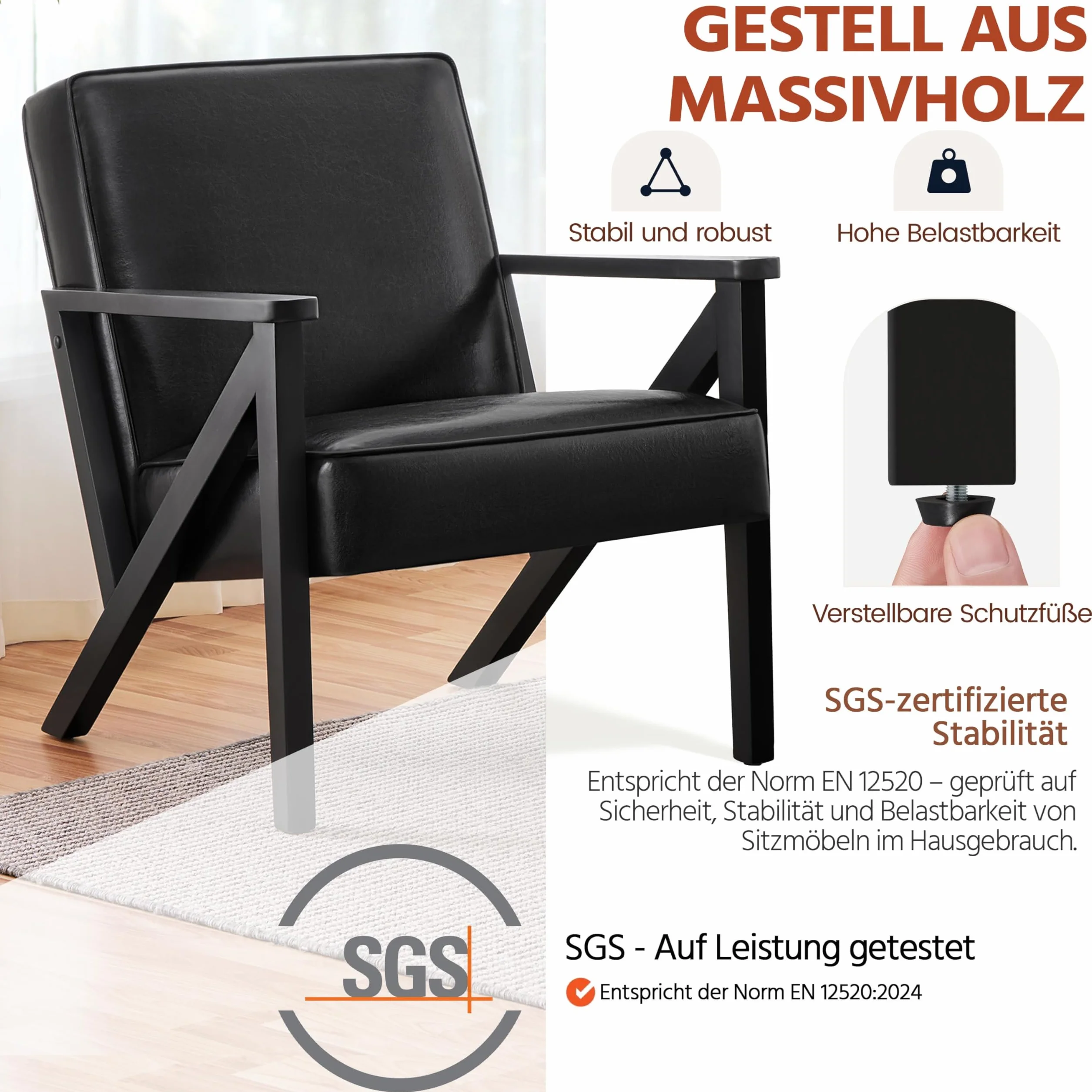 Yaheetech Fotel telewizyjny do wypoczynku, ze sztucznej skóry, fotel wypoczynkowy, tapicerowany, pojedyncza sofa z nogami z litego drewna, na balkon/do salonu/sypialni, recepcji, kolor czarny