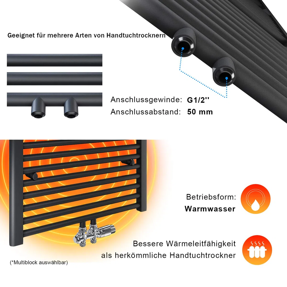 ELEGANT Grzejnik łazienkowy 1000 x 500 mm antracyt z antracytem multiblok termostat grzejnik na ręczniki suszarka do rąk podgrzewacz na ręczniki